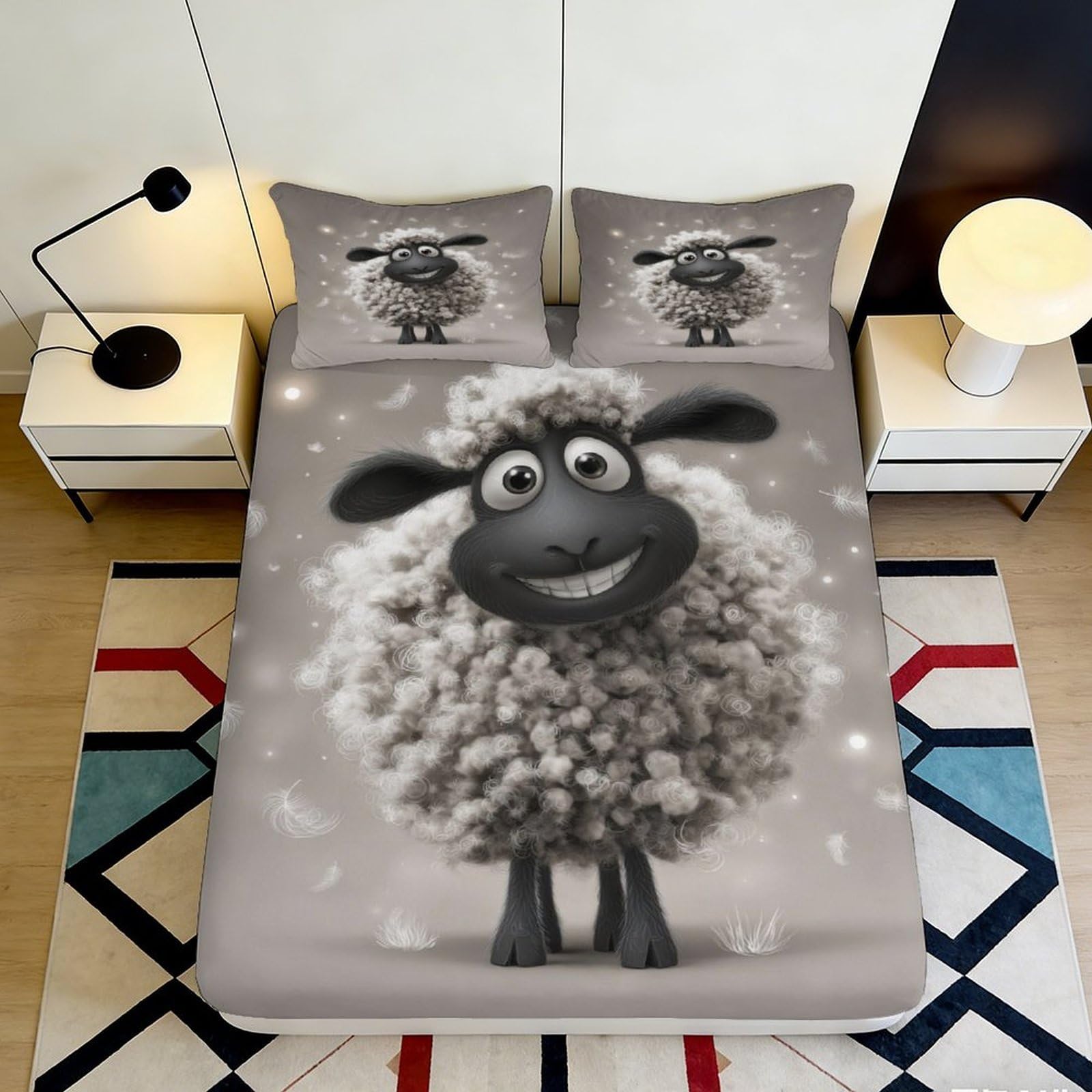 3D Printed Cute Sheep Fitted Sheet Microfiber Soft Breathable Cartoon Sheep Bed Cover for Bedroom Dormitory Guest Room Mattress Protection Decor 140x200x25cm