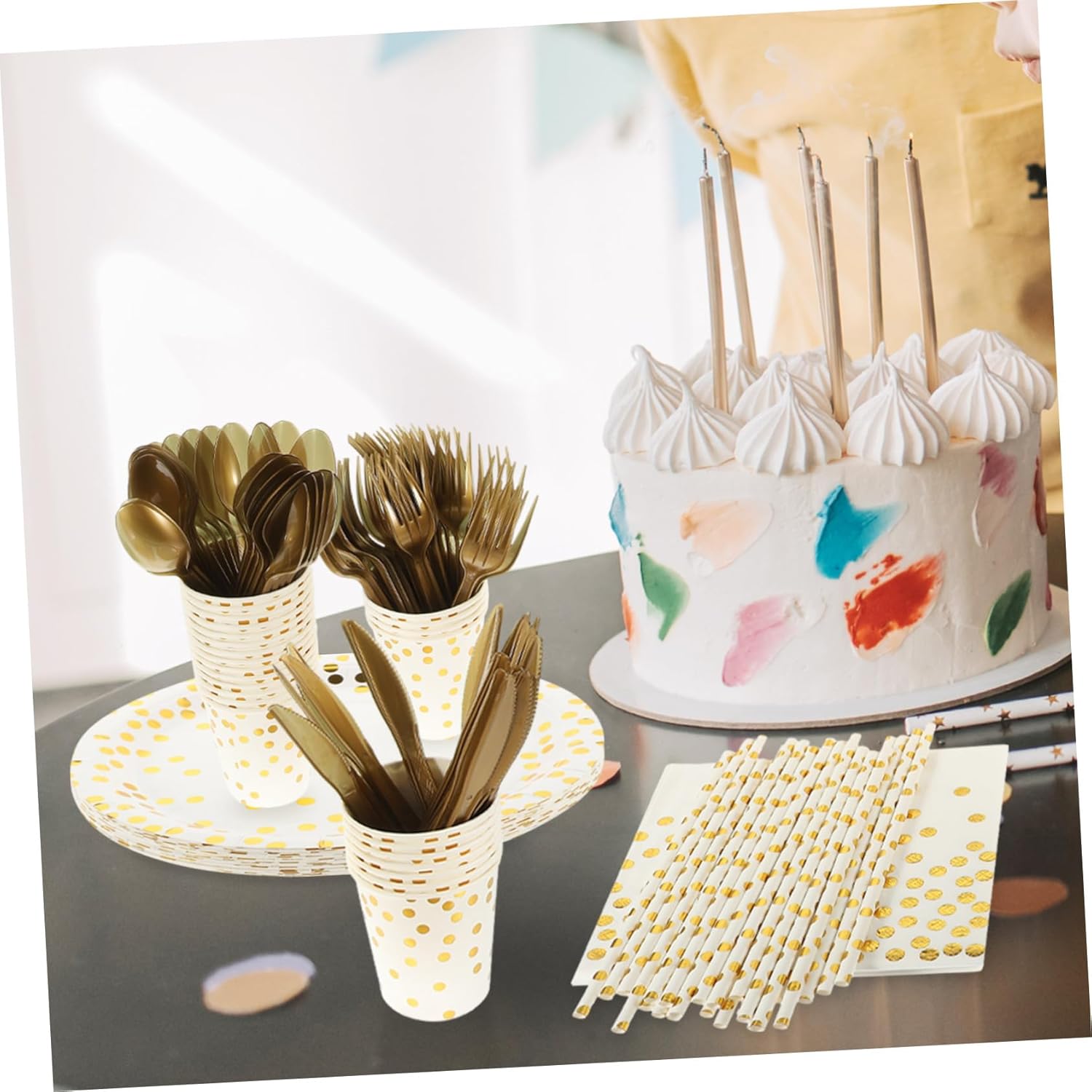 Ciieeo Practical Paper Tableware Set Gold Stamping Party Plates Cups Napkins Silverware for Festivals