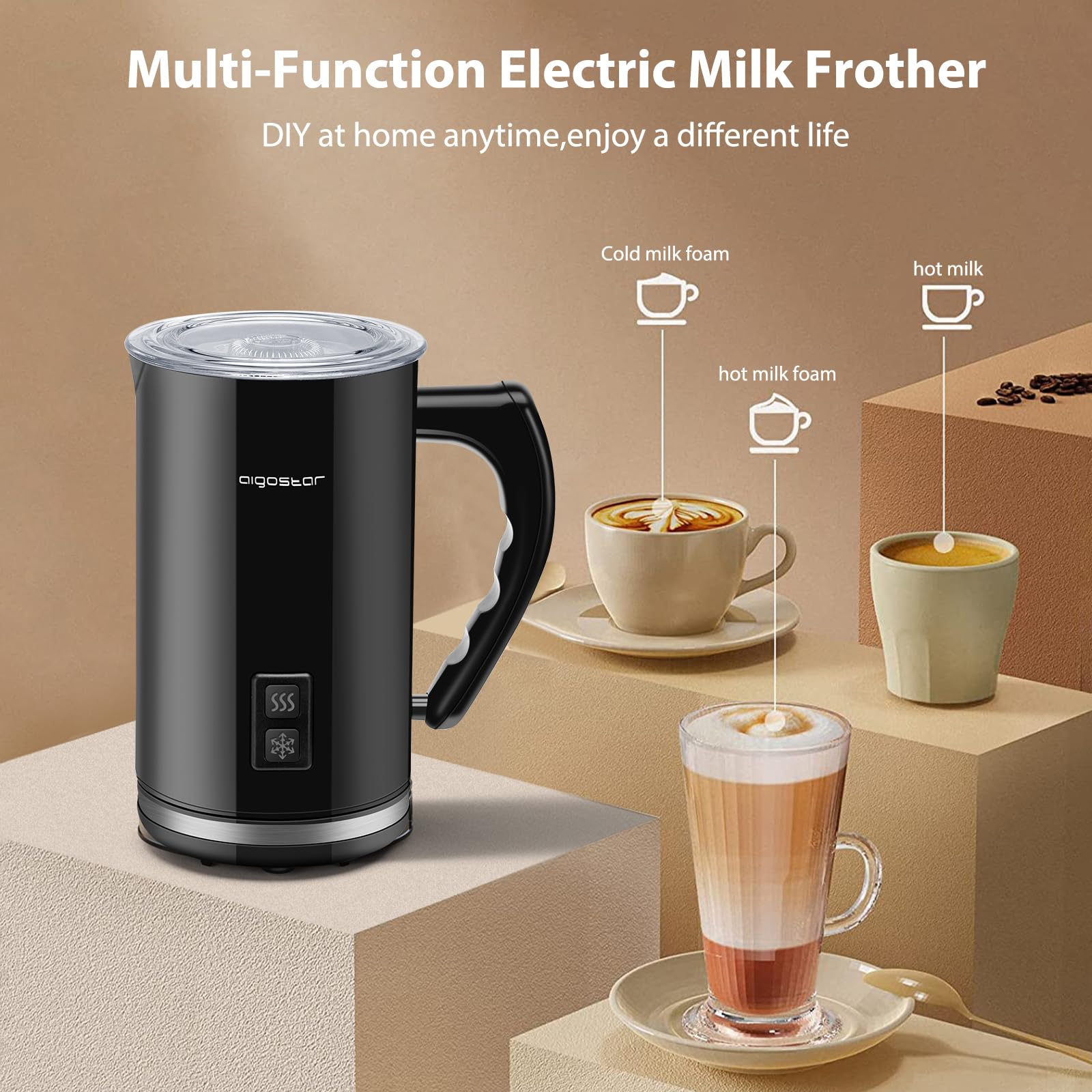 Aigostar Milk Frother, Electric Milk Frother - 240 ml, 500 Watt, 3 Modes, Hot/Cold, for Coffee, Latte, Cappuccino, Chocolate, Non-stick, Silent, Black | Capu