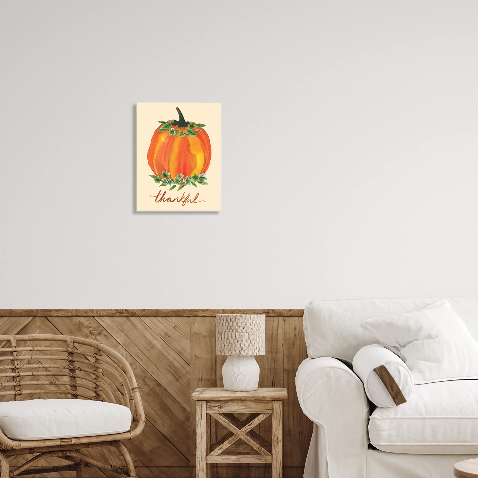 Stupell Industries Thankful Orange Pumpkin Leaf Botanicals Autumn Plants, Design by Heather McLaughlin