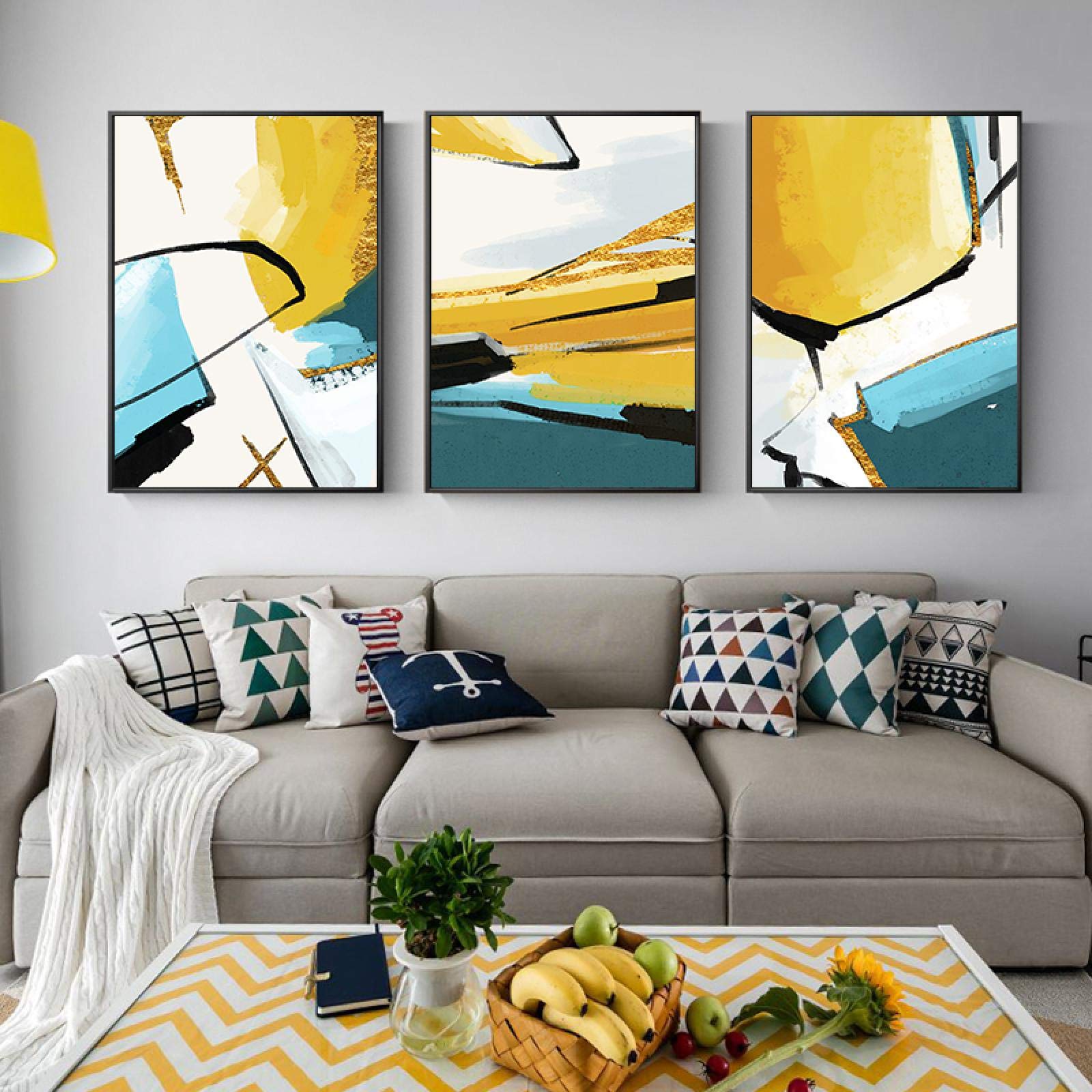 Quadro Su Tela Astratto Moderno Blu E Oro - 60x80cm (3 Pezzi) - Poster Senza Cornice