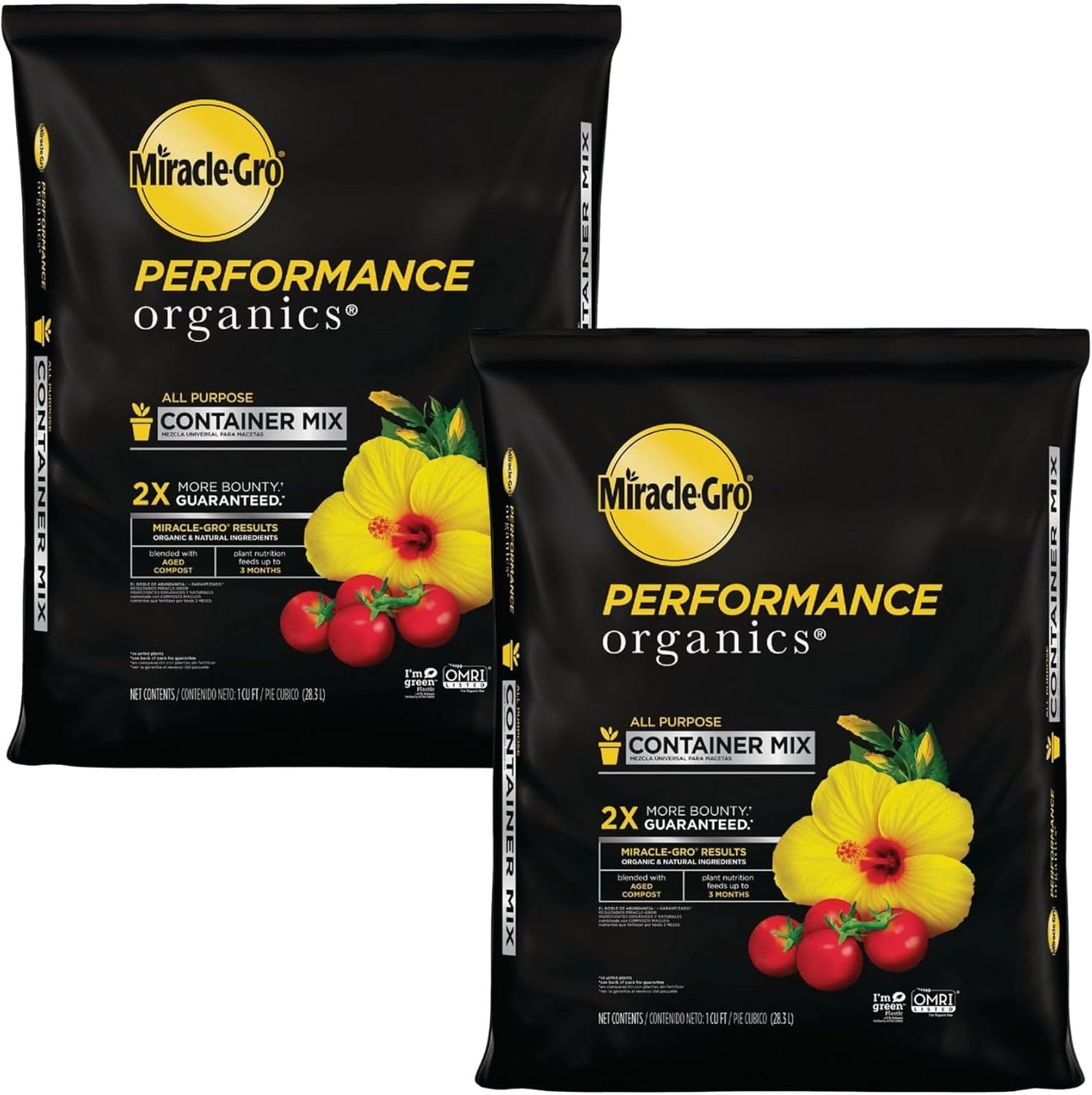 Miracle-Gro 2 Pack Performance Organics All Purpose Container Mix with Natural and Organic Ingredients, Feeds Container Grown Vegetables, Flowers and Herbs for up to 3 Months, 1 cu. ft.