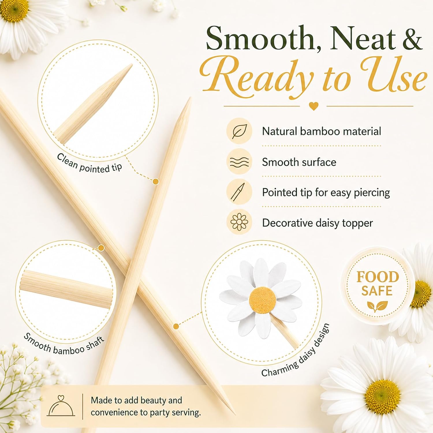 100 PCS Daisy Fruit Skewers, Cute Toothpicks Floral Cocktail Picks 5 Inch