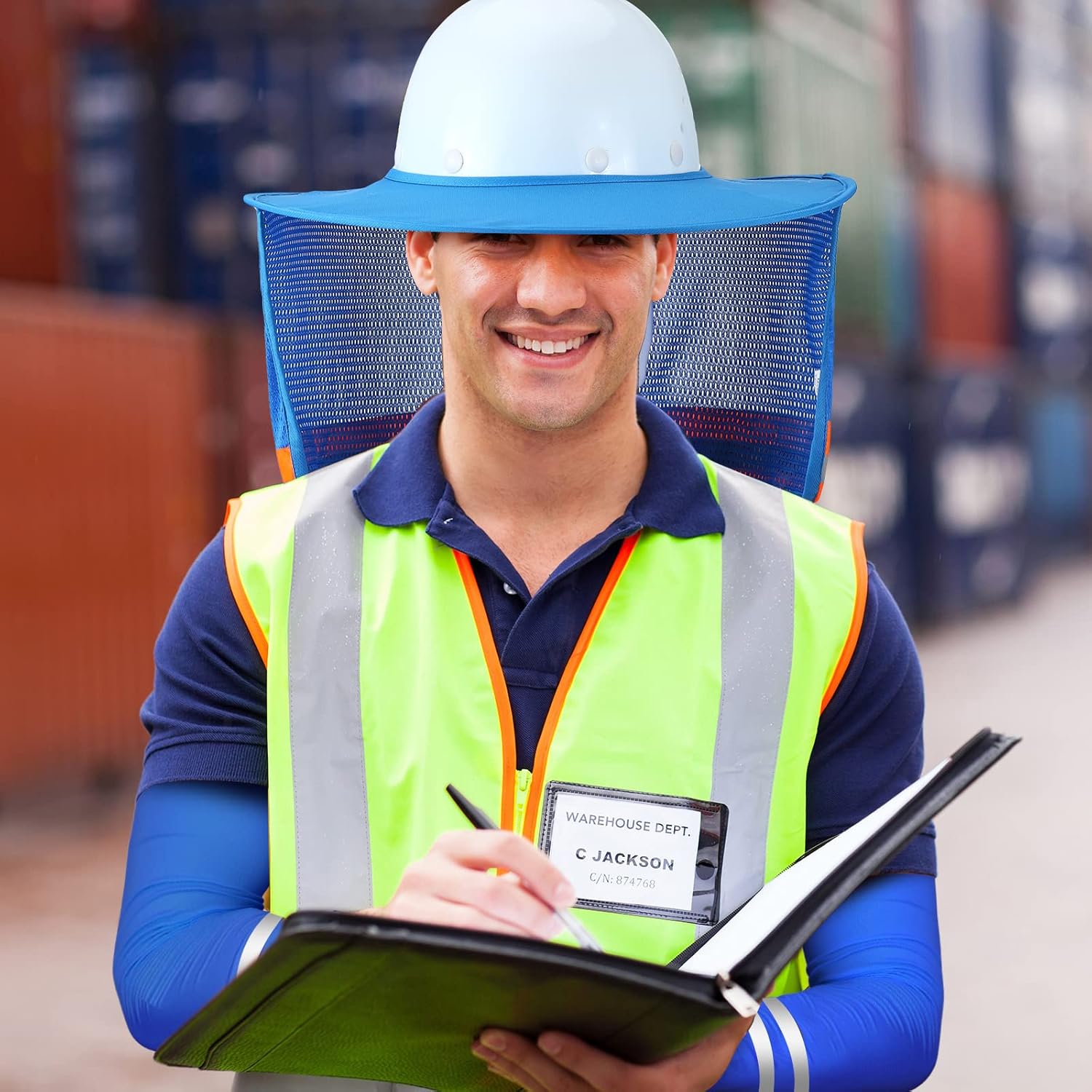 SATINIOR 3 Pcs Sun Hard Hat Neck Protection High Visibility Full Brim Mesh Sun Protection Bandana Headband Arm Sleeves with Reflective Strap for Construction Helmet Hard Hat(Blue)