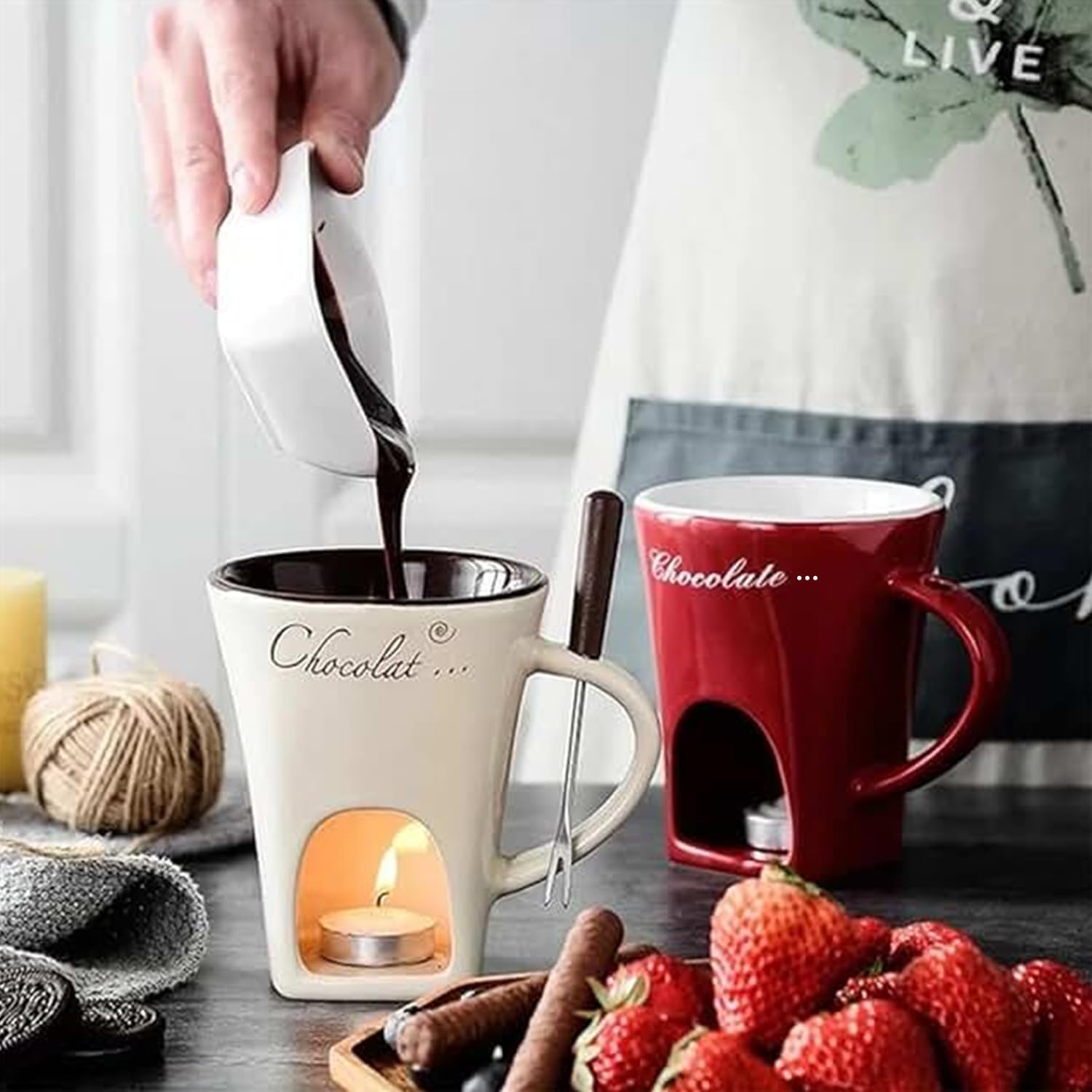 Sweet Fondue Cup for Date Night and More, Chocolate Fondue Mug with Fork, Personal Chocolate Melting Cup for Cheese, Ceramic Chocolate Melting Cup For Birthday Wedding Gifts (White)