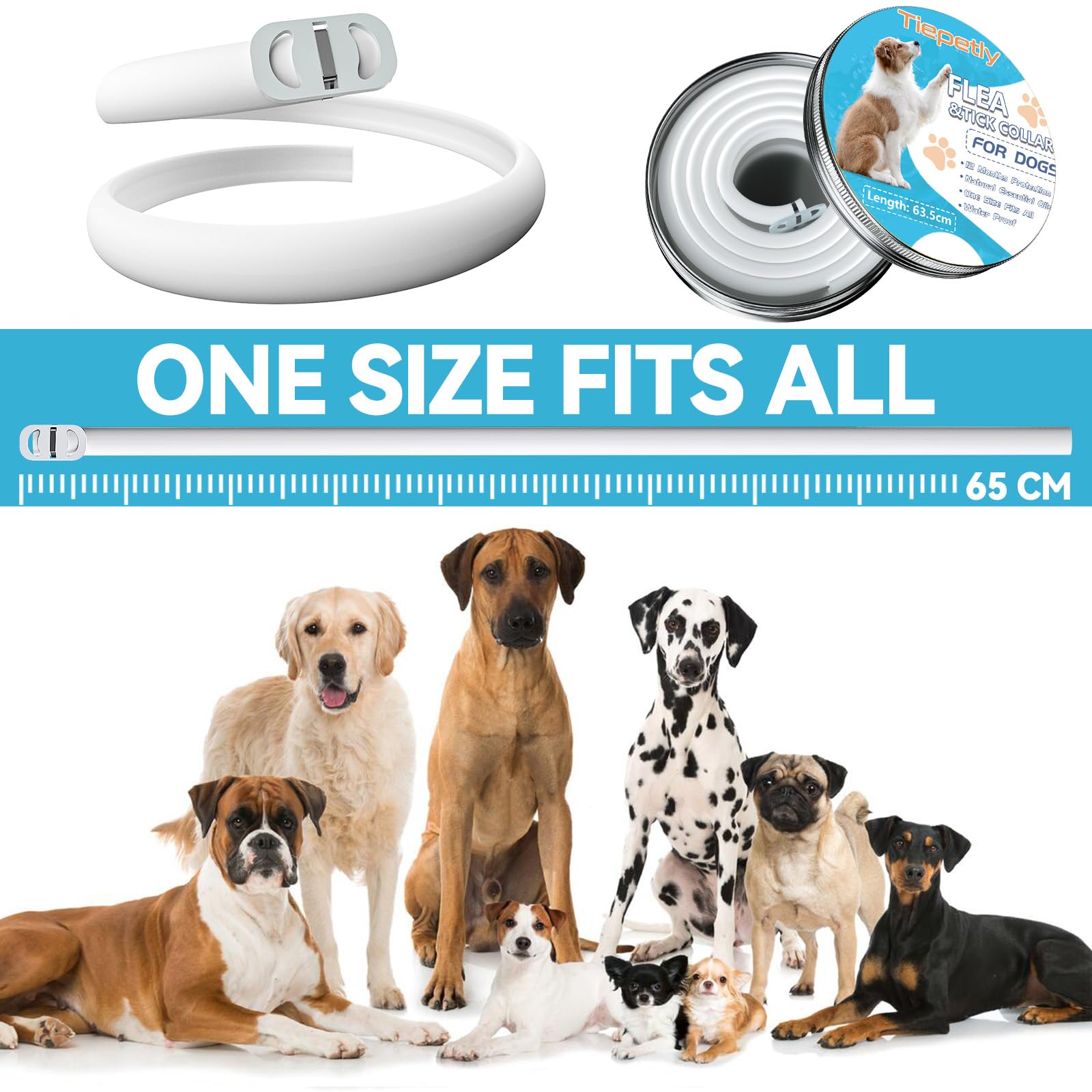 Collare Antipulci Cane, Naturali Collare Antipulci e Zecche per Cani, 12 Mesi di Protezione Impermeabile Collare Cane Antiparassitario, 63.5cm Regolabile Collare Antipulci (1pack)