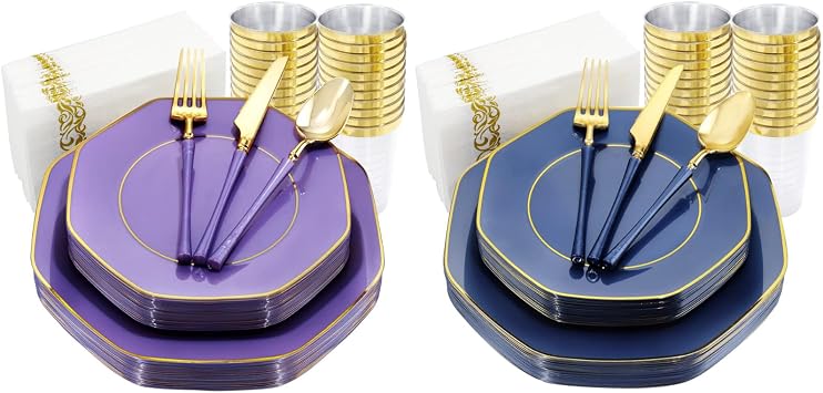 KIRE 140Pcs Purple Plastic Plates KIRE 140Pcs Blue Plastic Plates