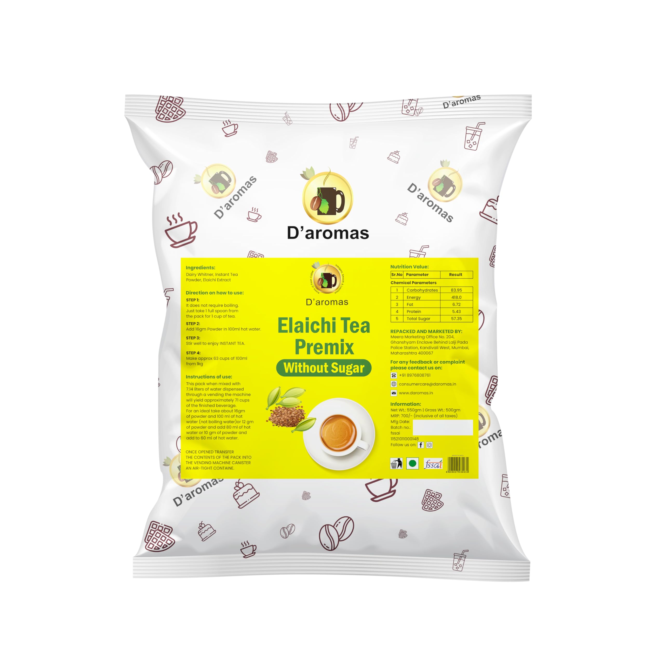 Daromas 1.5kg Premium Elaichi Sugar Free Premix Tea Powder, Instant Cardamom Premix Tea, Elaichi Flavour, Ready to Drink Tea for Vending Machine, Home, Canteen, Hotel Etc (Each 500gm) (Pack Of 3) (B0CS3R68PY) Amazon Price History, Amazon Price Tracker