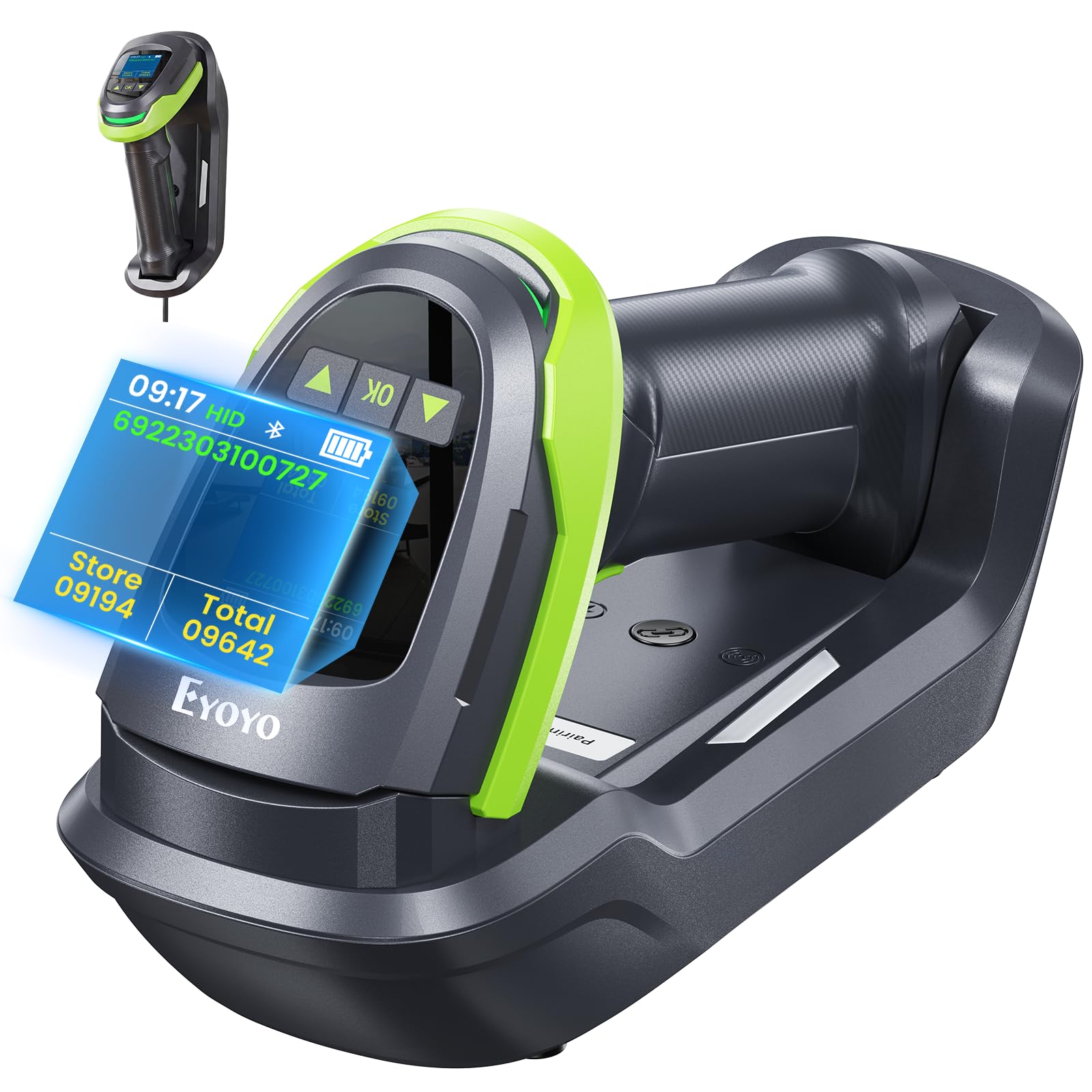 Eyoyo Escáner de Códigos de Barras 1D 2D QR con Pantalla y Base Triple Conexión Bluetooth Inalámbrico 2.4G y Cableado Compatible con iOS Android Windows
