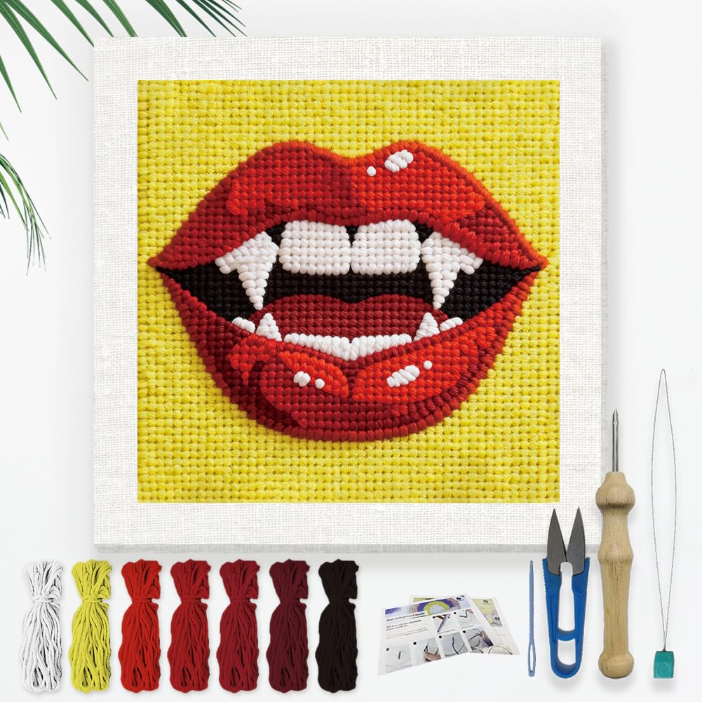 DOODLREAM Red Lip Needle Kit for Beginner, 24x24cm Halloween Fanged Mouth Punch Stitching Craft Set, Color DIY Embroidery Starter with Printed Frame, Instruction, Threader, Yarn, Pinch Needle