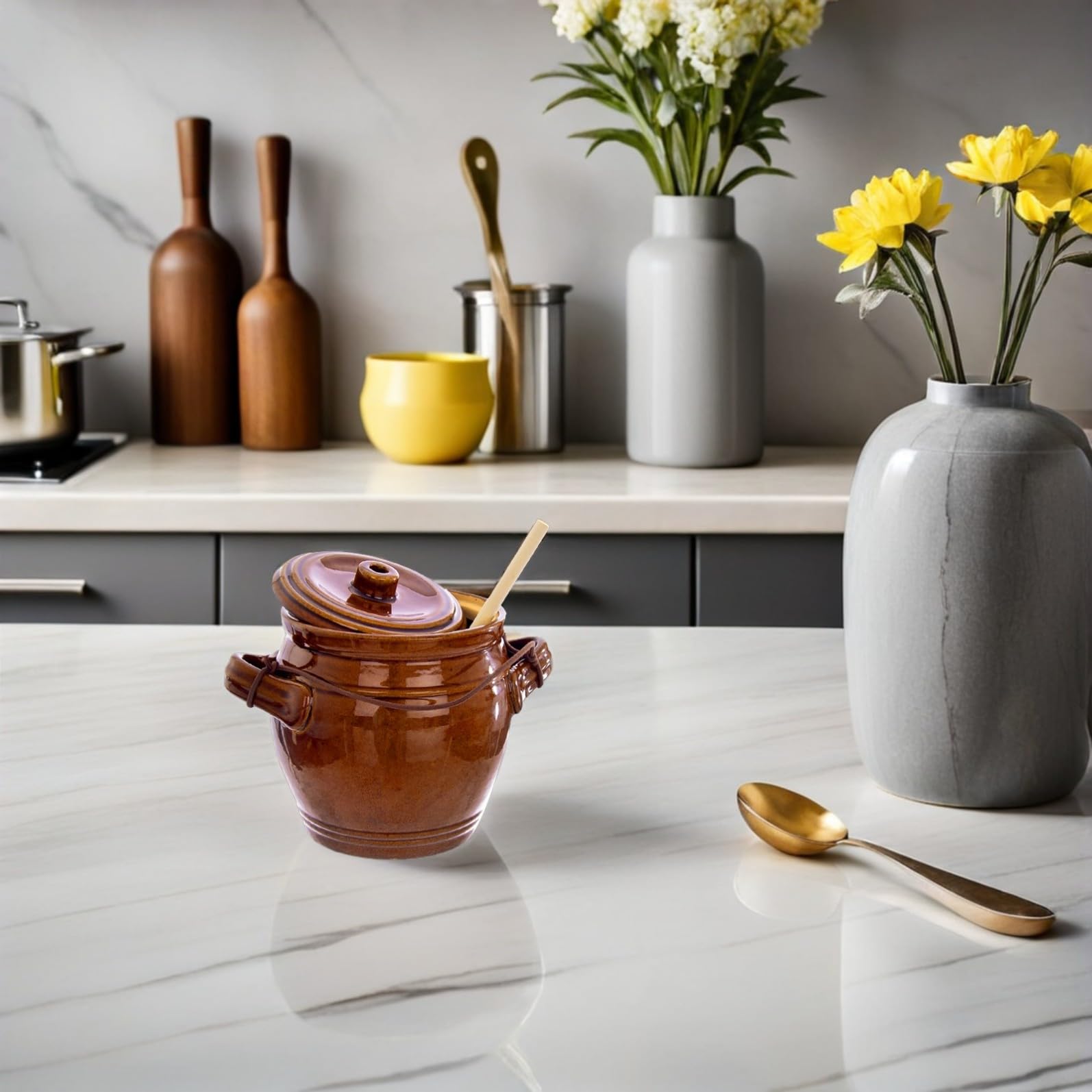 DOITOOL Keramik Pökeltopf 1,3l mit Luftdichtem Verschluss und Holzdeckel Kreative Aufbewahrung für Küche und Zuhause Stilvolles Design gegen Feuchtigkeit und Staub
