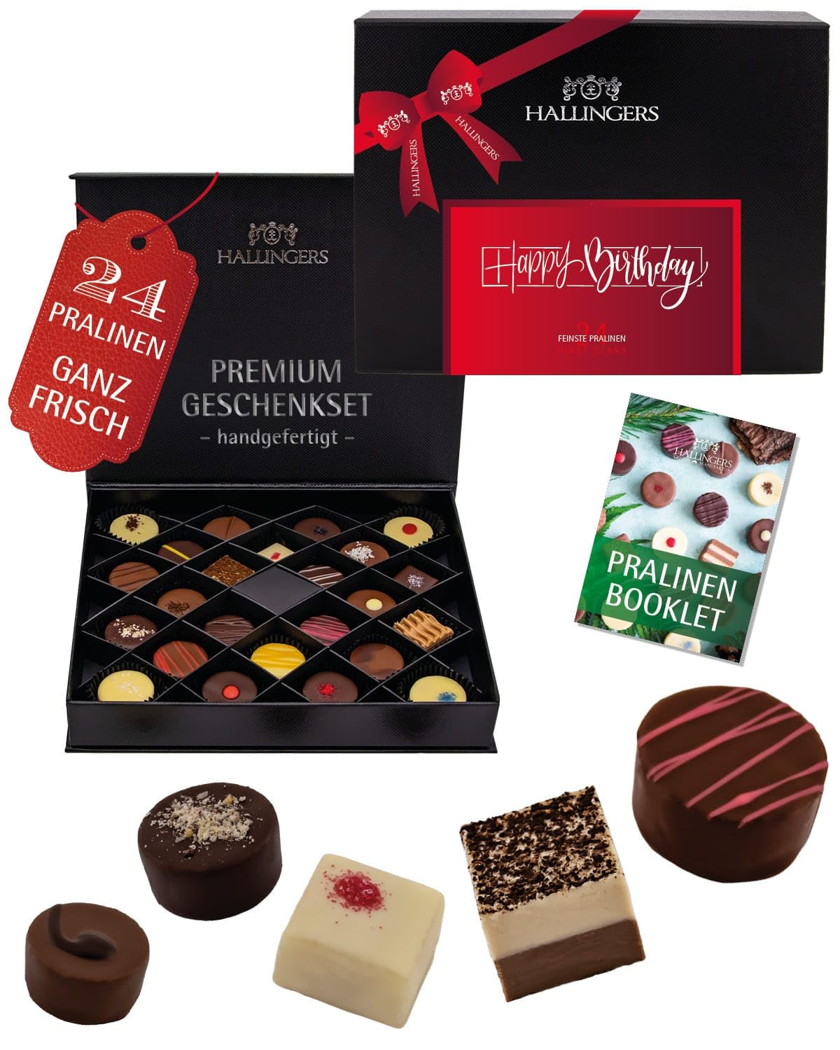 Hallingers Genuss Manufaktur Pralinen Geburtstagsgeschenk – ohne Alkohol, 24x handgemacht aus Premium Edelkakao, edle Geschenkbox "Happy Birthday", Confiserie-Qualität, Geschenkidee Frauen, Geburtstag