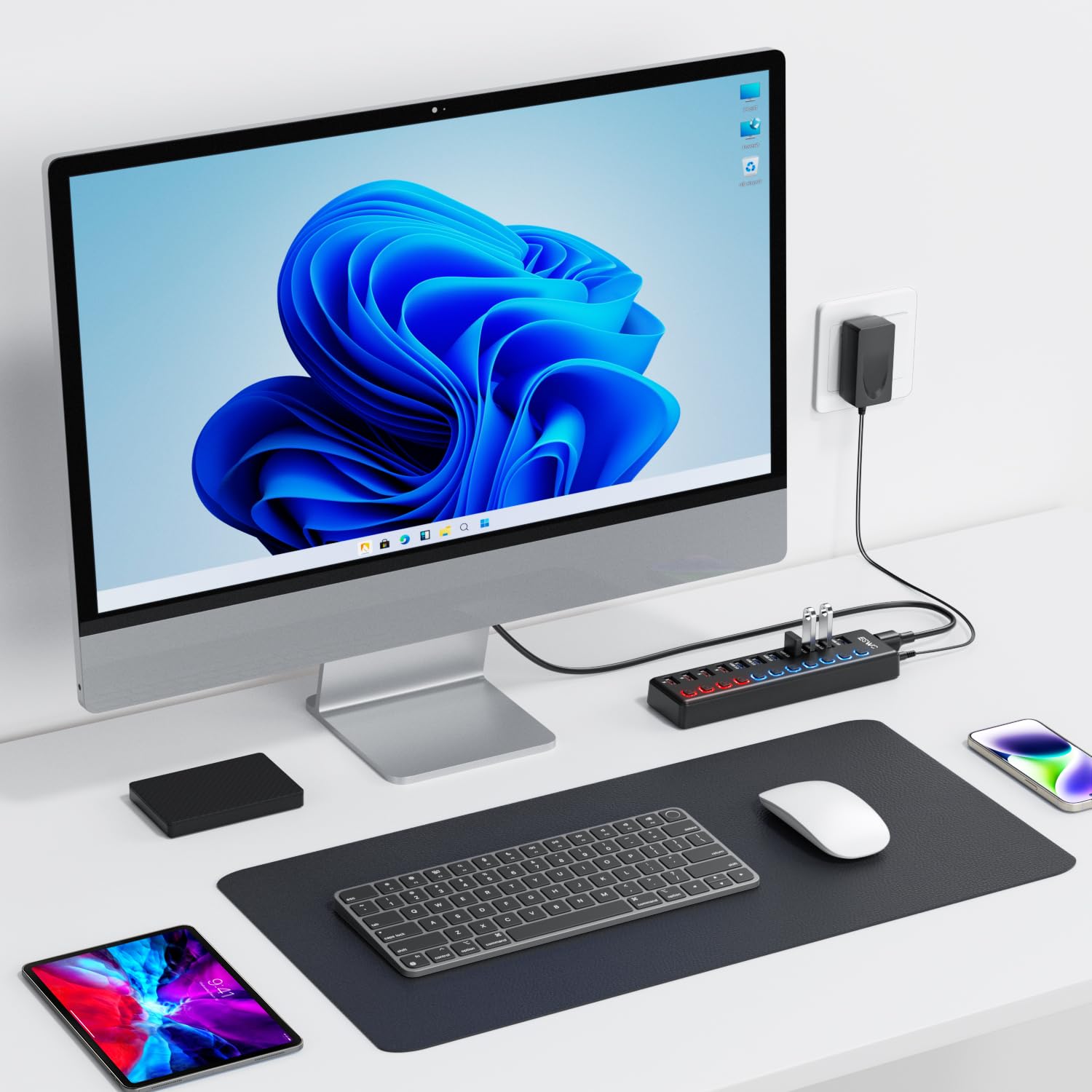JESWO - Concentrador USB 3.0 de 11 puertos (7 puertos de transferencia de datos + 4 puertos de carga inteligentes) con interruptores LED individuales de encendido/apagado, concentrador USB alimentado