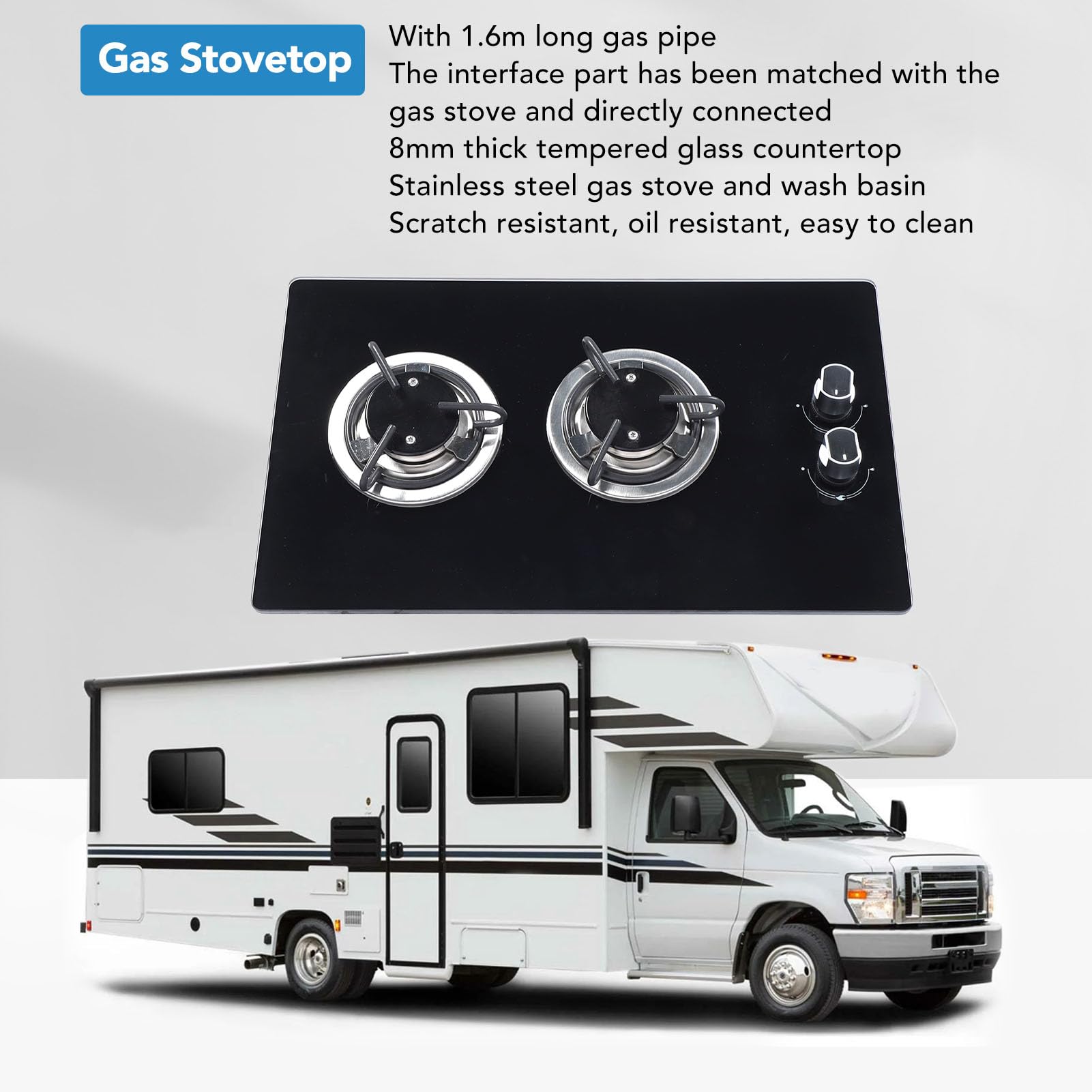 Estufa de Gas, 2 quemadores, GLP, Estufa Superior de Vidrio Templado, Doble Placa de 1,8 kw, diseño Compacto, Panel endurecido, se Adapta a caravanas, autocaravanas, Barcos, vehículos recreativos