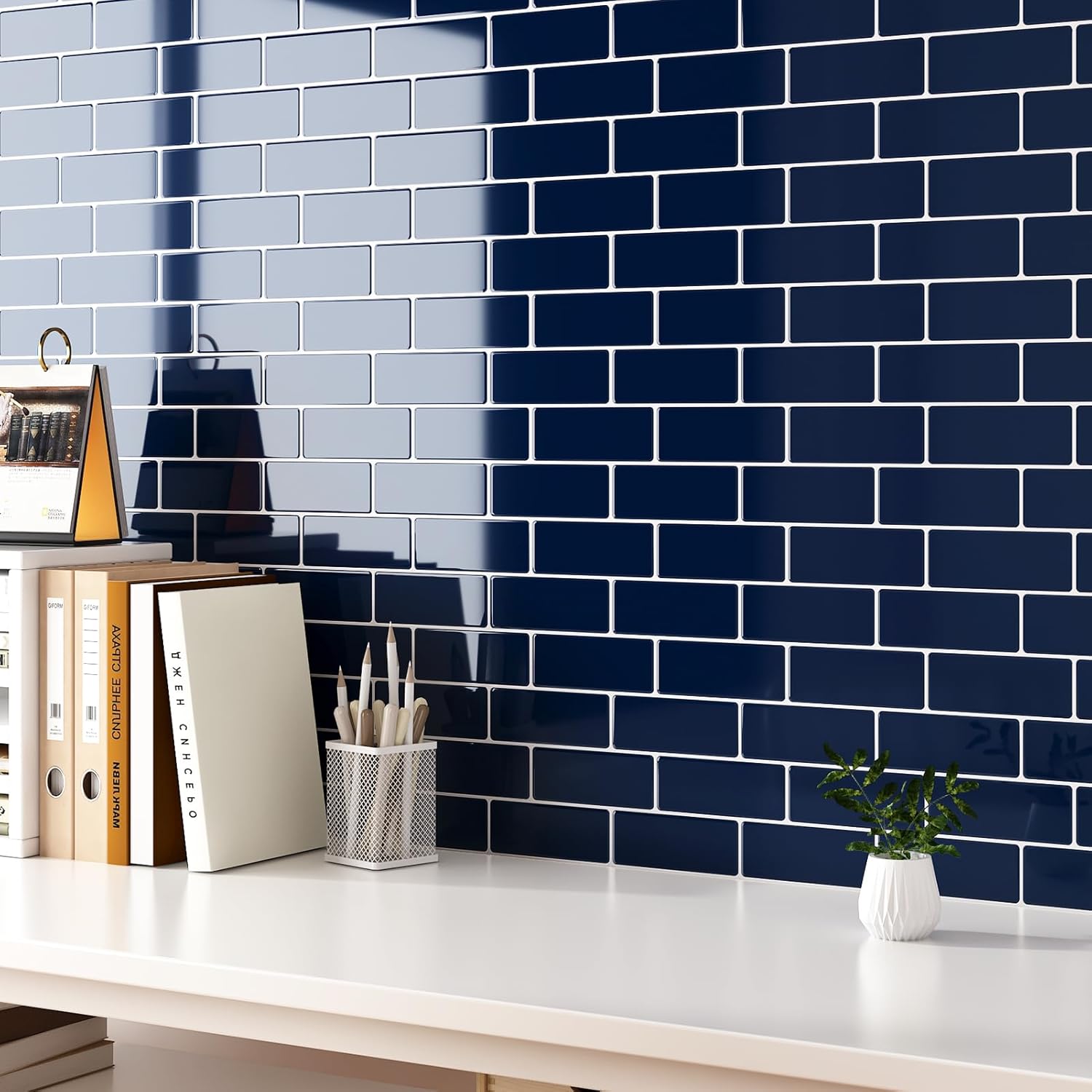 10 Sheets Blue 3D Peel and Stick Backsplash Glossy Navy Blue Backsplash Tile Peel and Stick Waterproof Subway Tile Vinyl Kitchen Wall Tiles Rectangular Marble Tiles for Bathroom Living Room Walls two columns offset Dark Blue