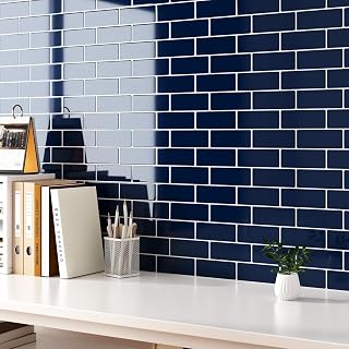 10 Sheets Blue 3D Peel and Stick Backsplash Glossy Navy Blue Backsplash Tile Peel and Stick Waterproof Subway Tile Vinyl Kitchen Wall Tiles Rectangular Marble Tiles for Bathroom Living Room Walls