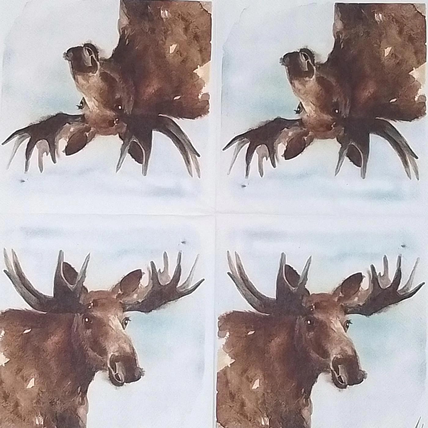 Set of 2 Individual Decoupage Paper Party Napkin Bull Moose Winter Deer Watercolor Decor Luncheon Napkins for a Birthday Holiday, Wedding, Cocktail Party