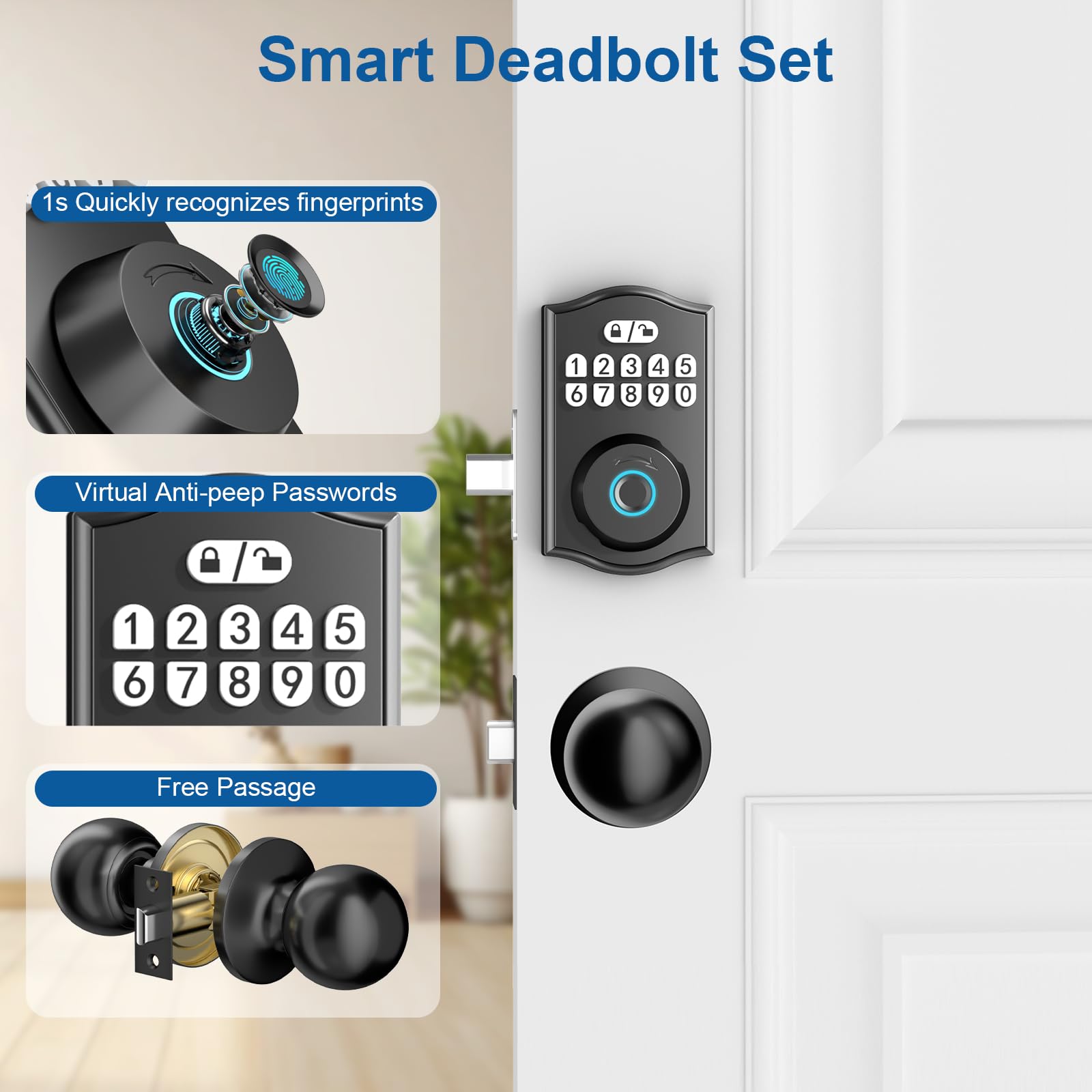 Serratura per porta d'ingresso senza chiave con set di maniglie, tastiera elettronica Deadbolt Smart Set di serratura per porta anteriore con 2 manopole, controllo APP, impronte digitali,