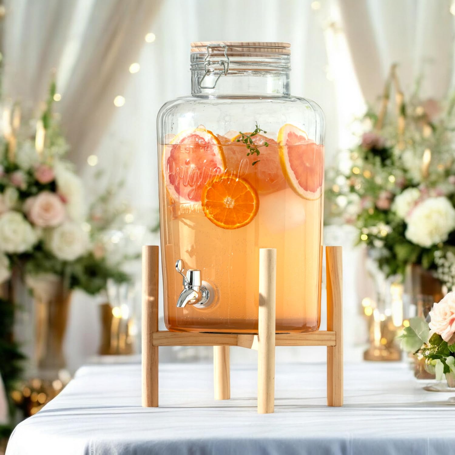 Distributeur Boisson avec Support et Robinet 8 L - Fontaine à Eau et Cocktail - Bol à Punch - Jarre en Verre pour Limonades - Bonbonne - Bocal pour Sublimez vos Fêtes et Anniversaires