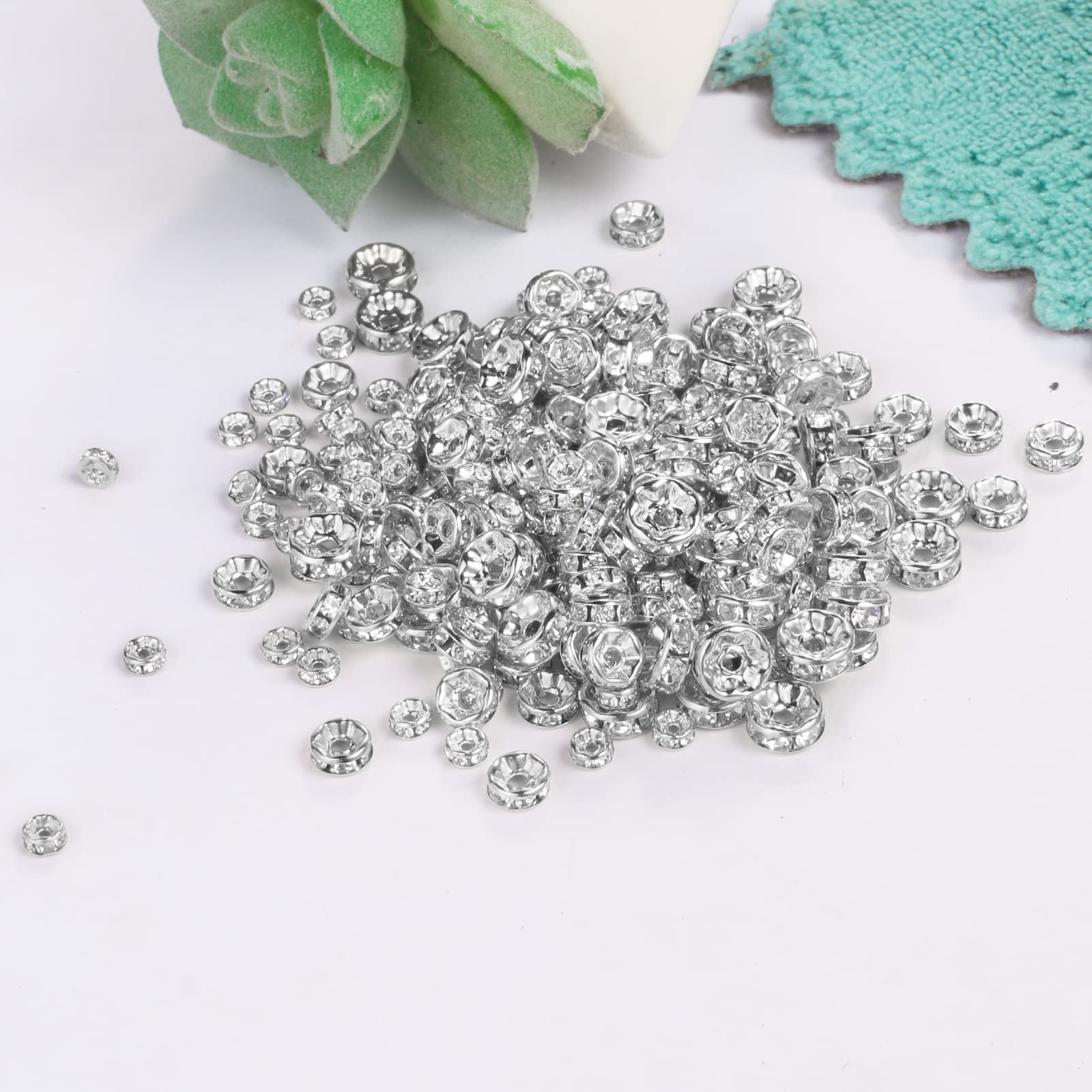 sjavocado 150Pcs Round Rhinestone Spacer Beads 4mm 6mm 8mm Crystal Loose Beads Set Copper Material Charm Beads for Necklaces Bracelets Jewelry Making (White)