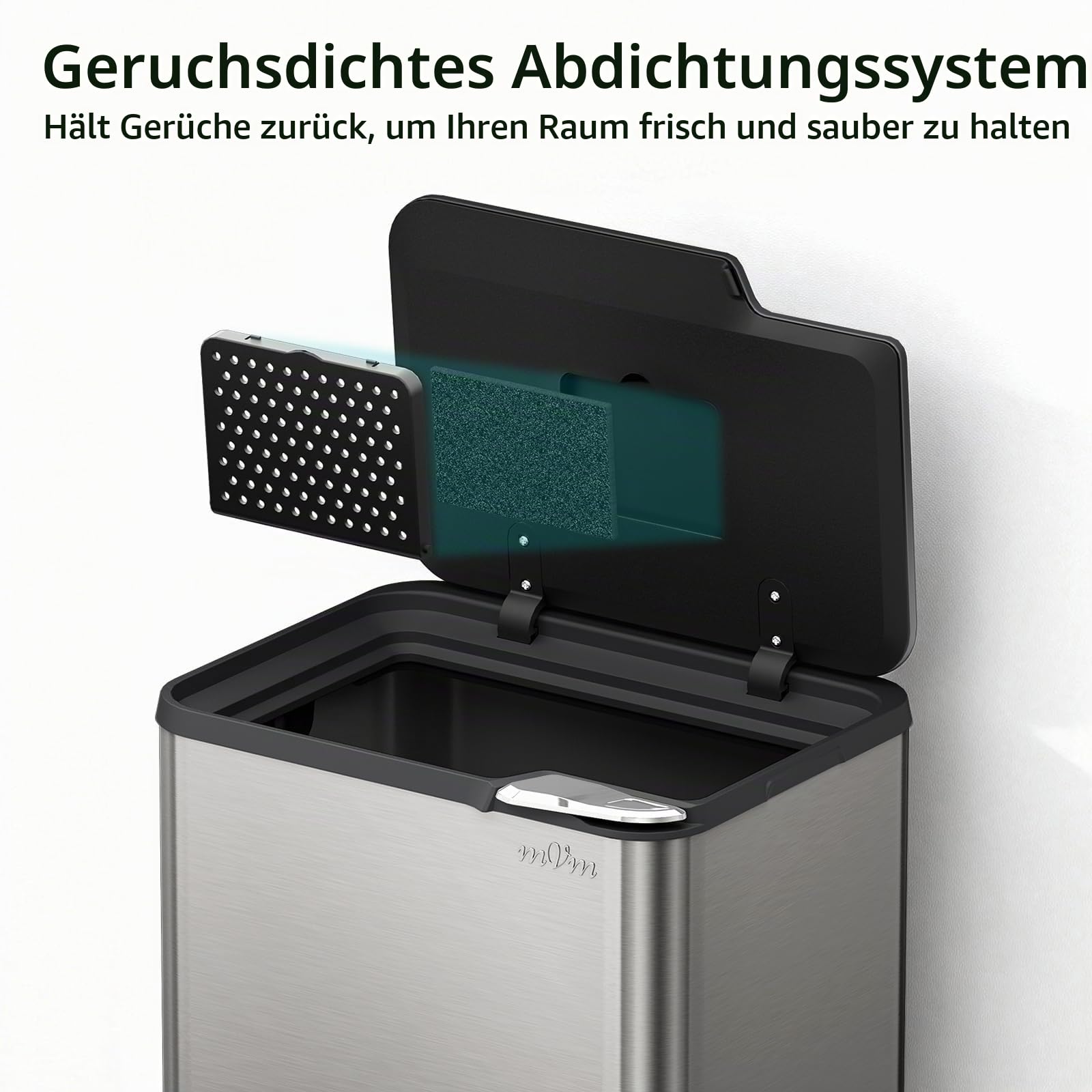 mVm Küchen & Büromülleimer 80L, Edelstahl, Rechteckig, Mit Deckel & Geruchsfilter, Sanftschließend & Offen Haltbar, Abnehmbare Halterung