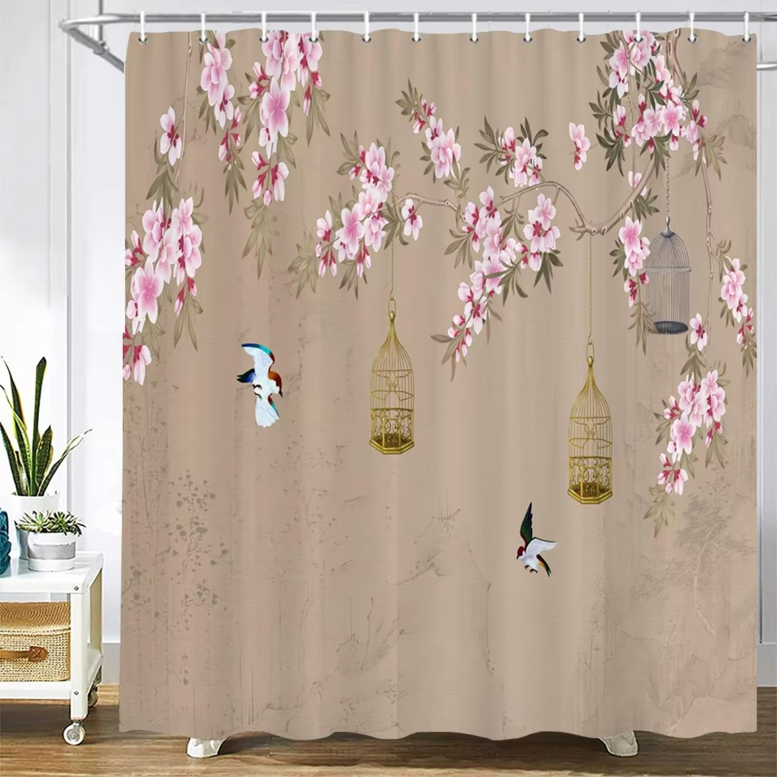Rideau de douche style chinois fleurs et oiseaux en tissu noble texturé haute densité
