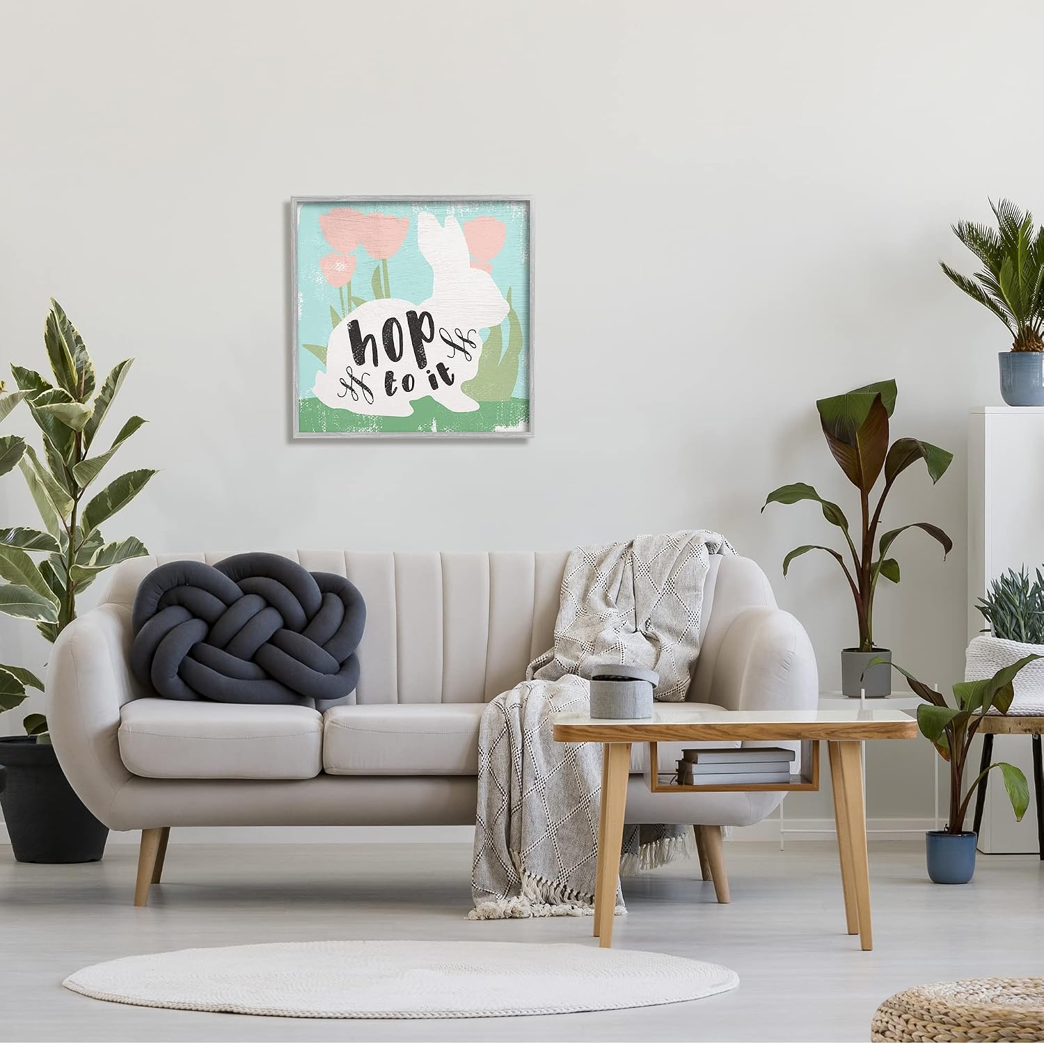 'Hop To It Easter Bunny Phrase Spring Tulips'| Framed Giclee Art | Stupell Industries | Gray, 24 x 24 Inches, Easy to Hang and Sturdy, Made in USA, by Lil' Rue