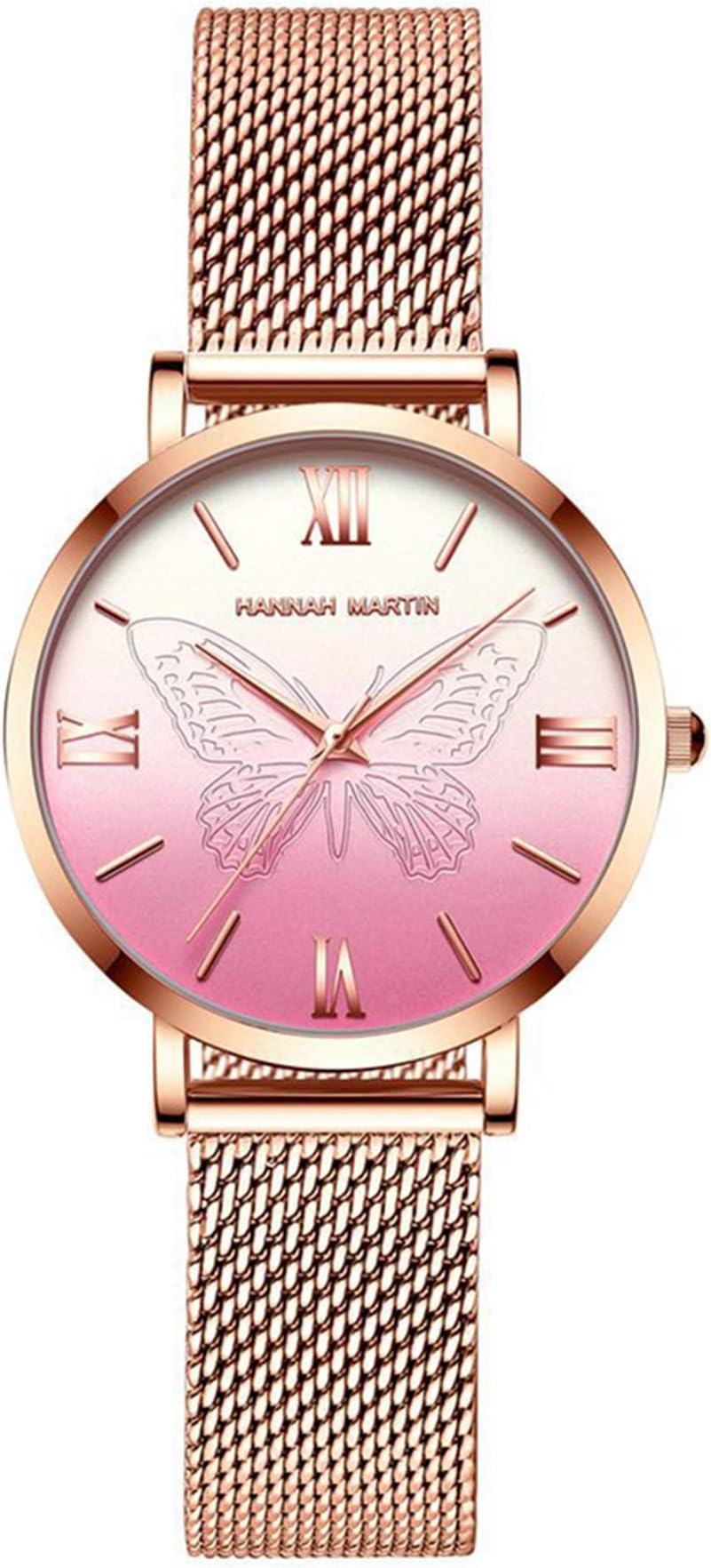 HANNAH MARTIN Japan Quartz Women's Watches Waterproof Rose Gold Stainless Steel Mesh Band Butterfly Wrist Watch (Pink)