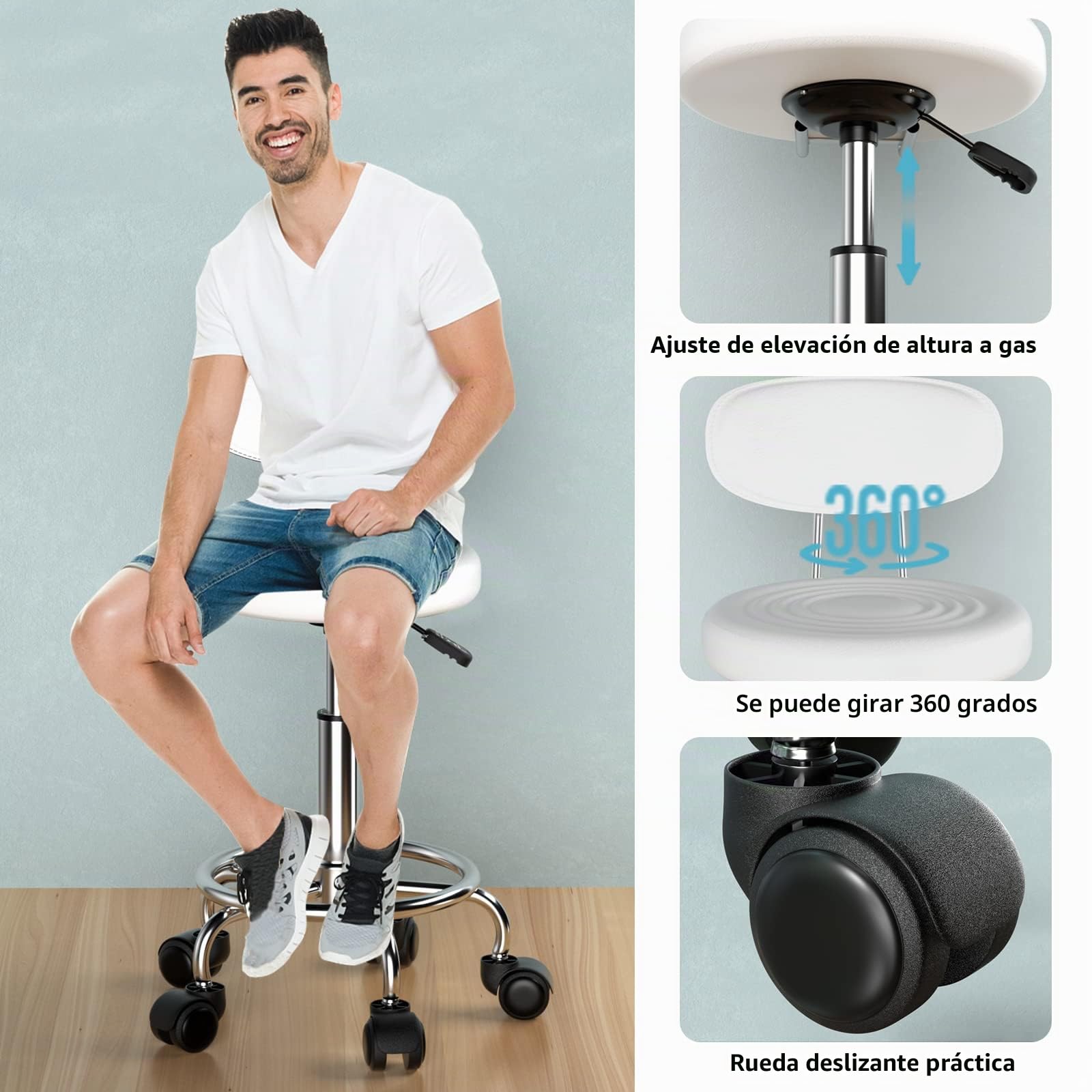 Juego de 2 Taburete Giratorio con Ruedas, Taburete Blanco con Ruedas, Taburete Acolchado y Respaldo Altura Ajustable 47-62cm, Taburete Peluqueria Silla Maquillaje Taburete de Oficina