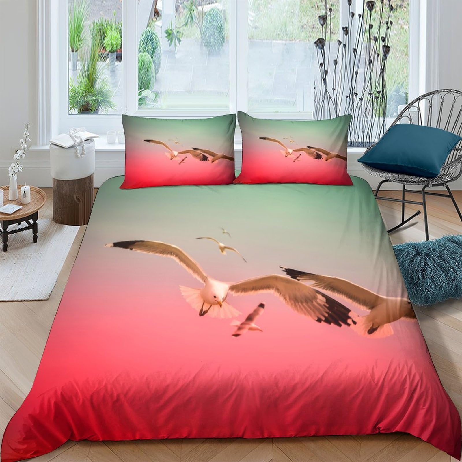 Ctjqhvkz Style-8 3D Printed Seagull Sunset Fitted Sheet Microfiber Soft Peach Gradient Mattress Cover For Bedroom Decor Single（135X200cm）