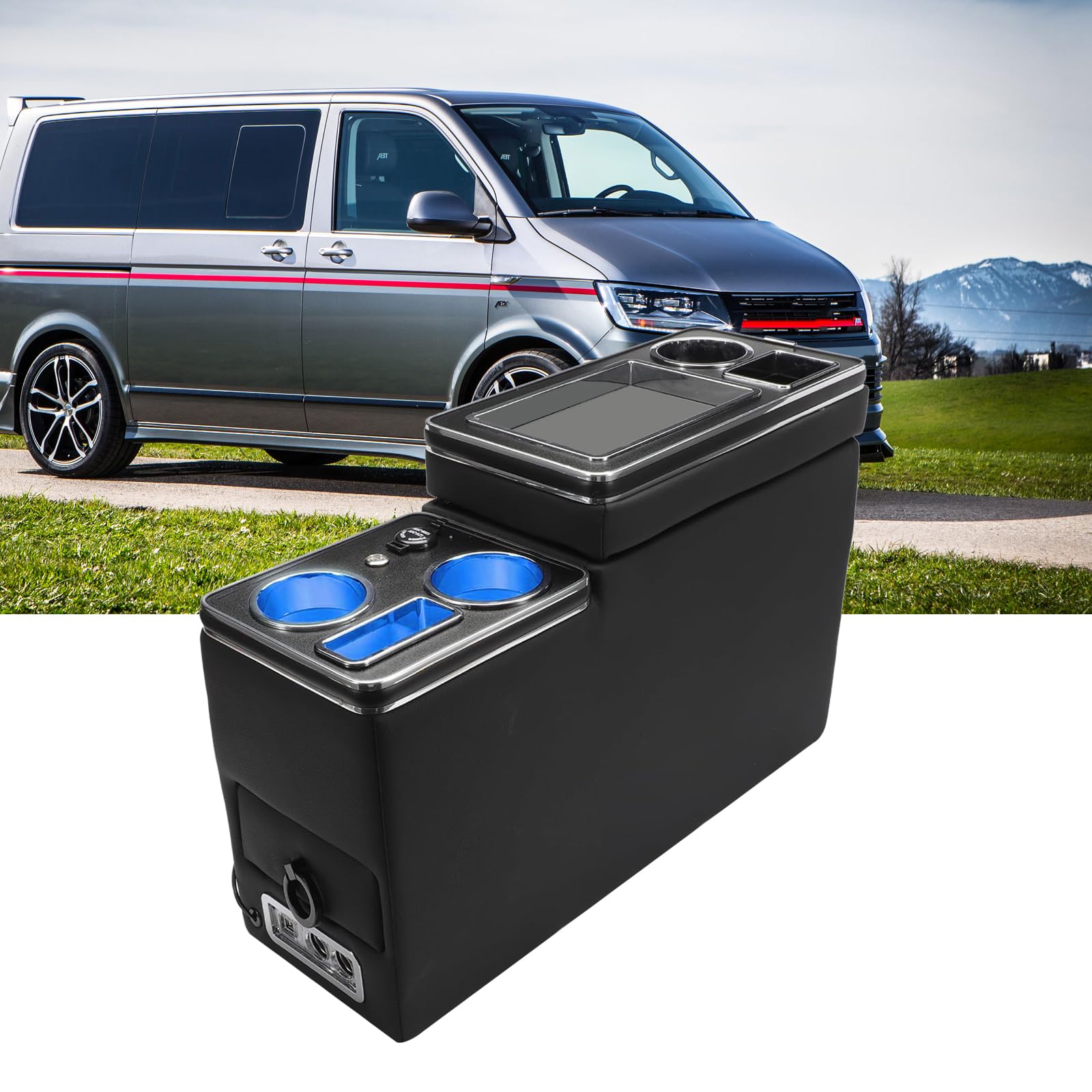 LIROPAU Konsola środkowa do pojazdów, podłokietnik, kompatybilna z VW T4, T5, T6, T6.1, T7, 2003-2019, skrzynka do przechowywania z uchwytem na napoje, czarne błyszczące skórzane akcesoria, lampa LED