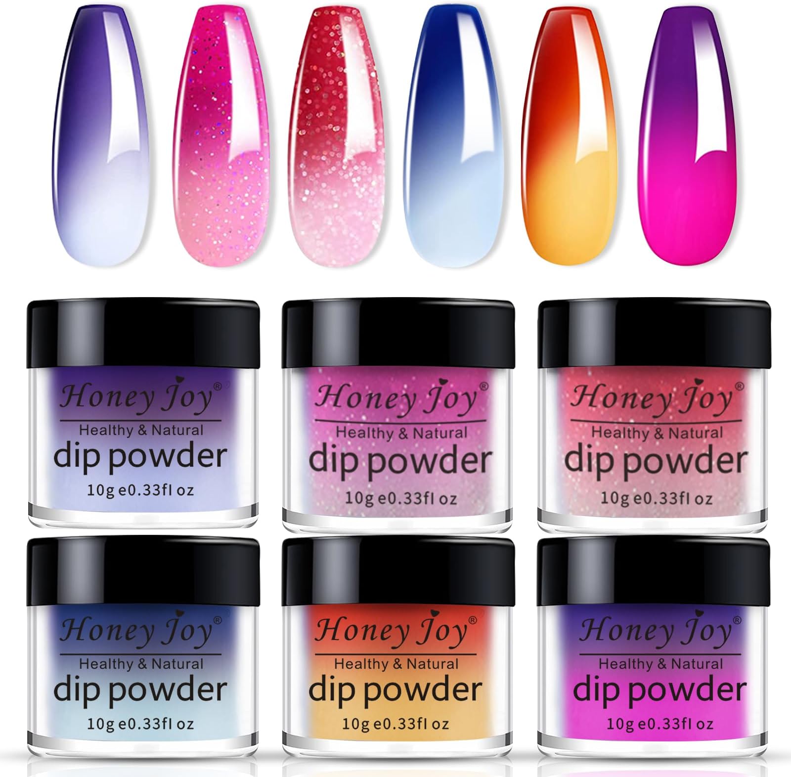 6 Box/Set Temperature Mood Changing Colors Fine Dipping Powder Dip Powder Color Collection, Sun Orange/Yellow, Rose Pink/White Glitter, Green Blue Purple (W-3-1-2-8-10-17-10g/box) …