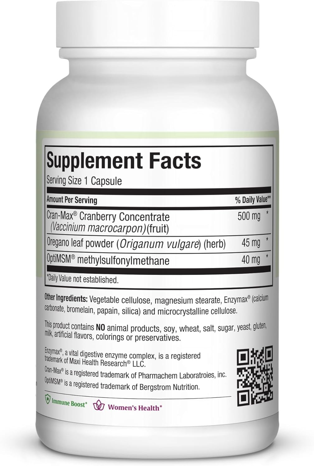 Maxi Health Cranberry Supplement for Urinary Tract & Immune Boost – Cranberry Pills for Women and Men with MSM & Oregano – 60 Capsules