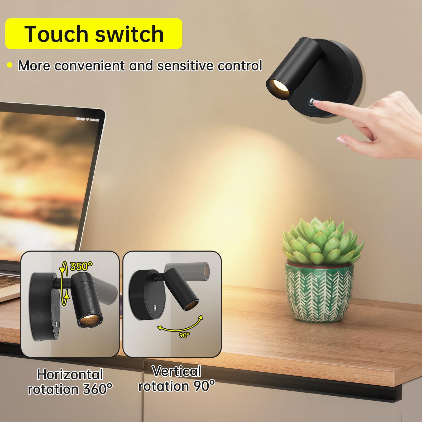 Kambo LED Lámpara de Pared Recargable 4000mAh, Aplique Foco Táctil y Control Remoto con Temporizador, Pequeños Foco Luz para Planta, Obras de Arte, Habitación, Estar, 2 Pieza
