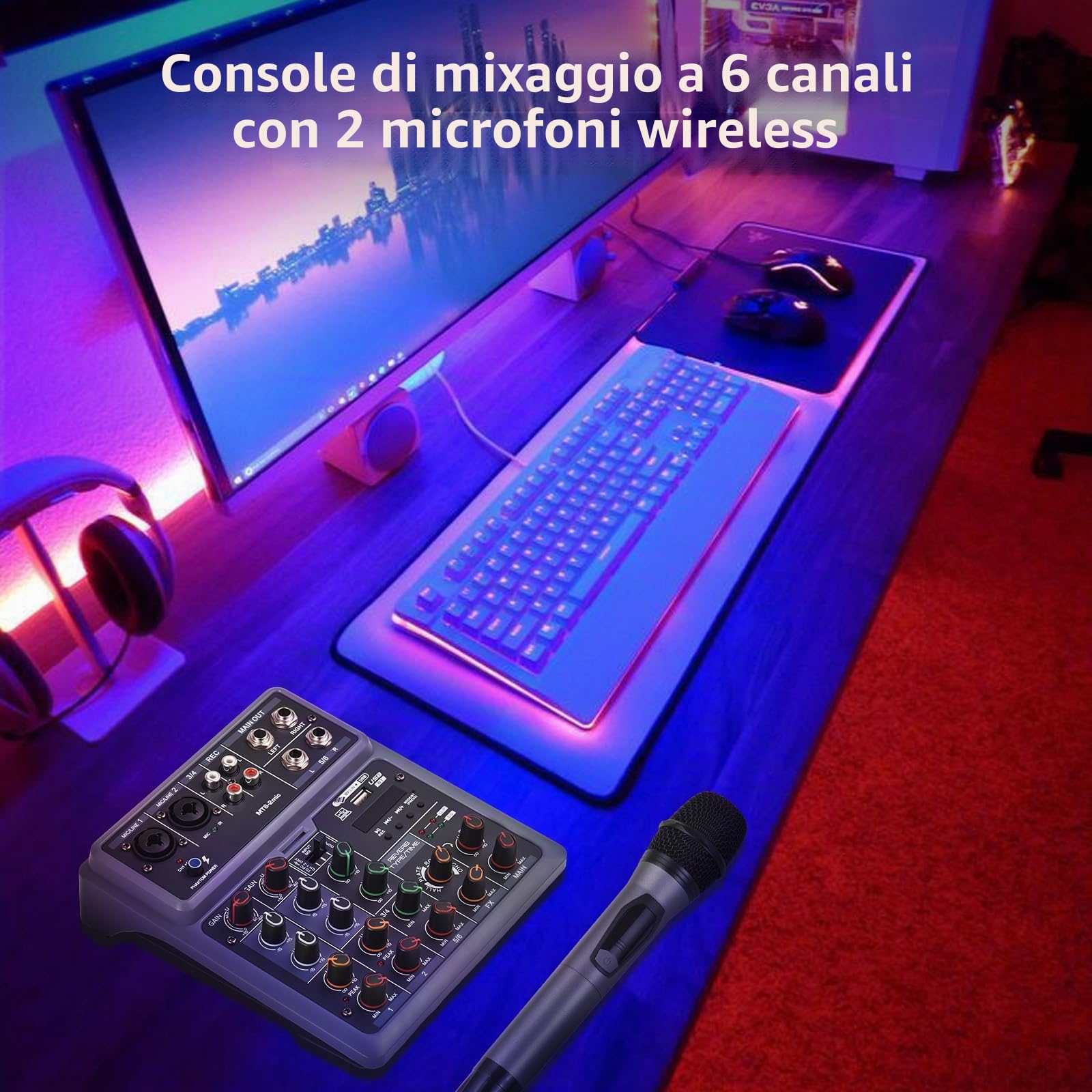 Mixer Audio, Console Di Mixaggio A 6 Canali Con 2 Microfoni Wireless Mixer BT OTG 4 Effetti Di Scena DSP Alimentazione Phantom 48v Scheda Mixer DJ Professionale Per Home Theater