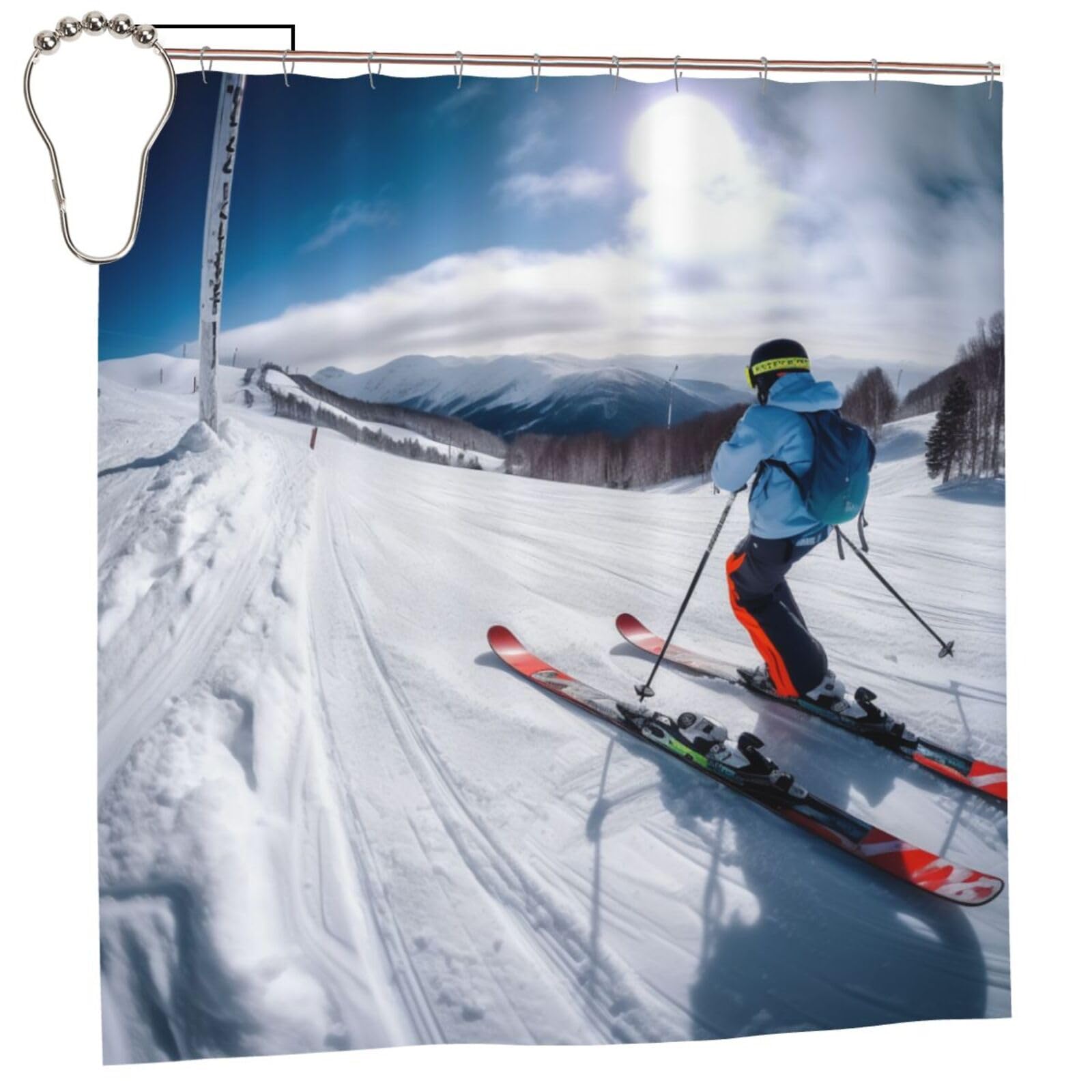 BWWHCCTI Winter Skiing Printed Shower Curtain With 12 Iron Hooks Opaque Quick Drying Waterproof Shower Curtains Sets For Bathroom 183x183 CM