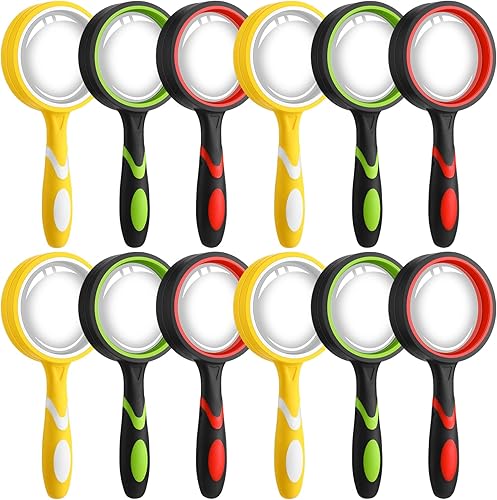 Miniatura 7 de Xuhal 24 lupas de mano 10X lupa de lectura inastillable para personas mayores y niños, lente de aumento de color de 1.969 in con goma antideslizante