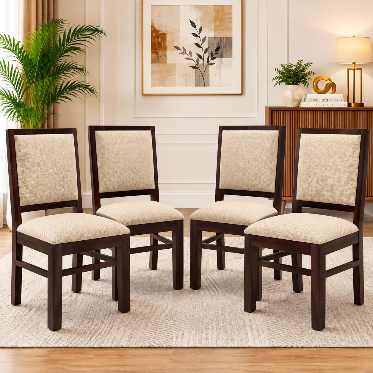 HANDWOOD FURNITURE Modern Home Furniture Solid Sheesham Wood Dining Study Multipurpose Chair Set of 4 | Chair for Home & Office | Living Room Furniture Color:- Walnut Finish with Cream Cushions