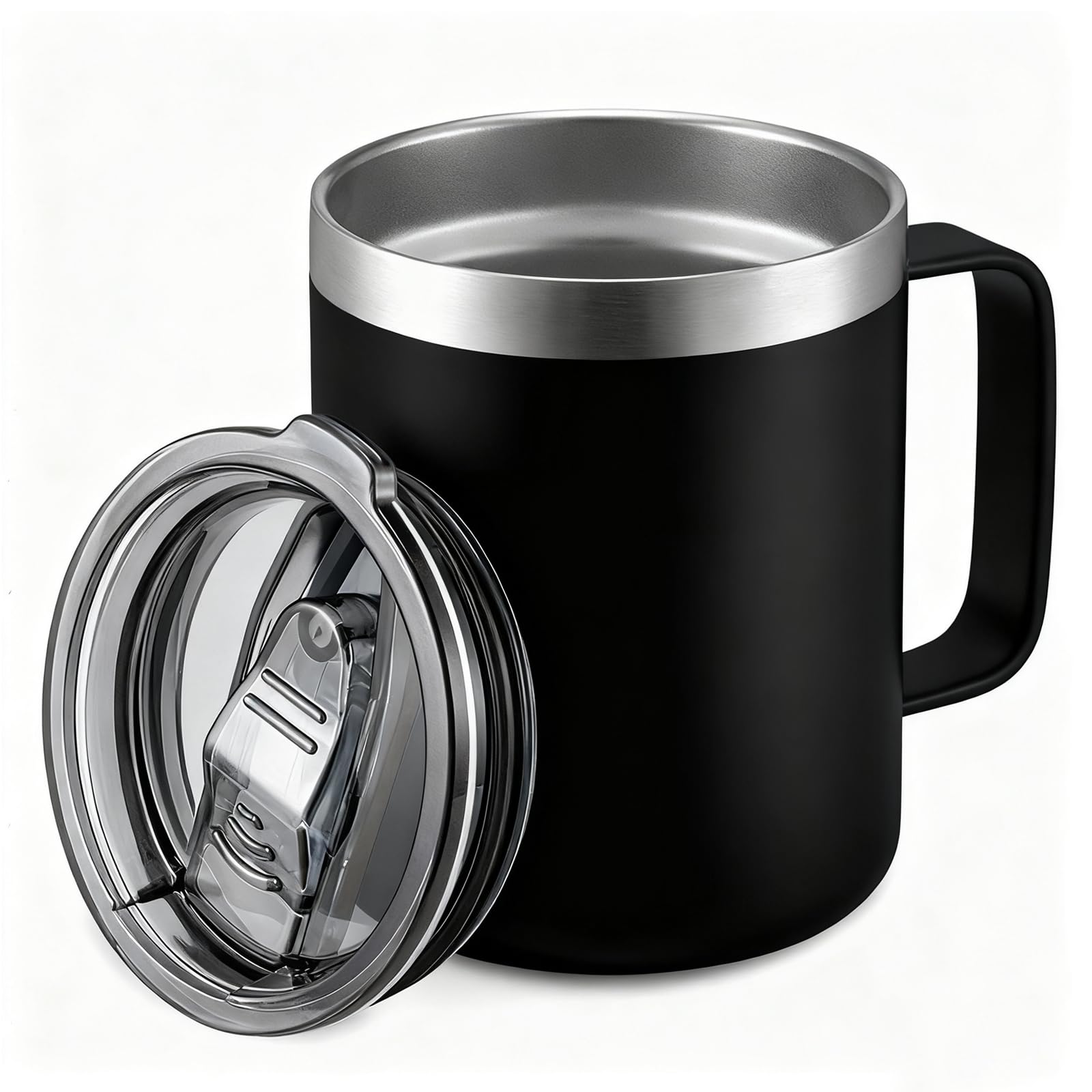 Senshuomy Thermal Mug, Insulated Mug with Handle and Sliding & Straw Lid, Leakproof Reusable Double Walled Vacuum Stainless Steel Travel Camping Coffee Cup,Dishwasher Safe (Black/12oz)