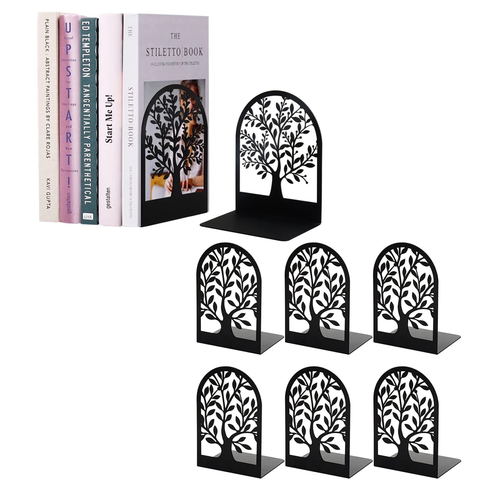Bookends, Book Ends, Metal Bookend, Tree of Life bookend, Bookends for Shelves, Home Decorative Bookends for Heavy Books, Black Non-Skid Book Stopper