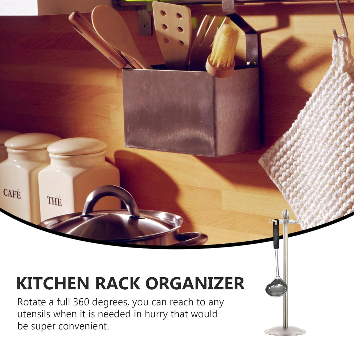 Stainless Steel Spoon and Utensil Hanging Rack with 6 Hooks Rotatable 360 Degrees Kitchen Organizer and Drainage Storage Holder for Stovetop and Kitchen Use