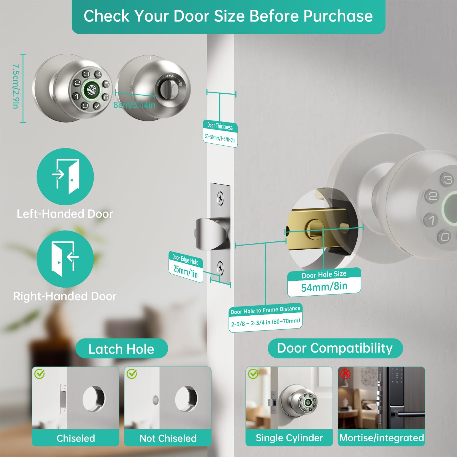 Serrure de porte à empreintes digitales – Bouton de porte intelligent, serrure de porte biométrique avec clavier et code de passe pour chambre à coucher, bureau à domicile (argenté)