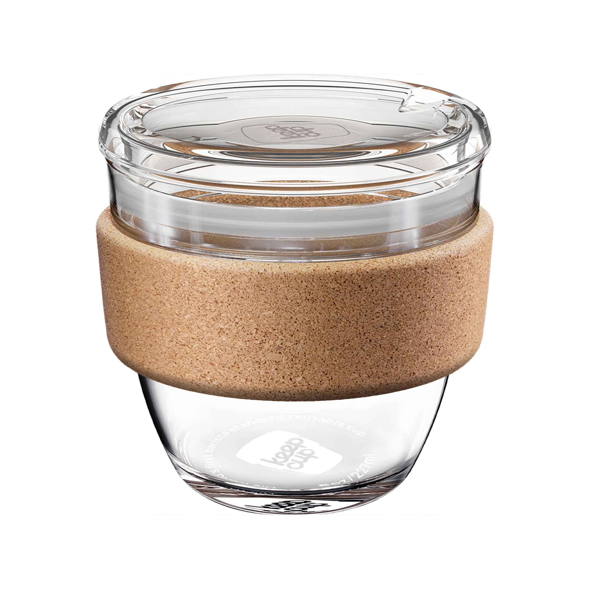 KeepCup Brew Cork Quicksip Tempered Glass Reusable Coffee Cup/Travel Mug with Natural Cork Band and Clear Spill Proof Lid - 8oz/227ml