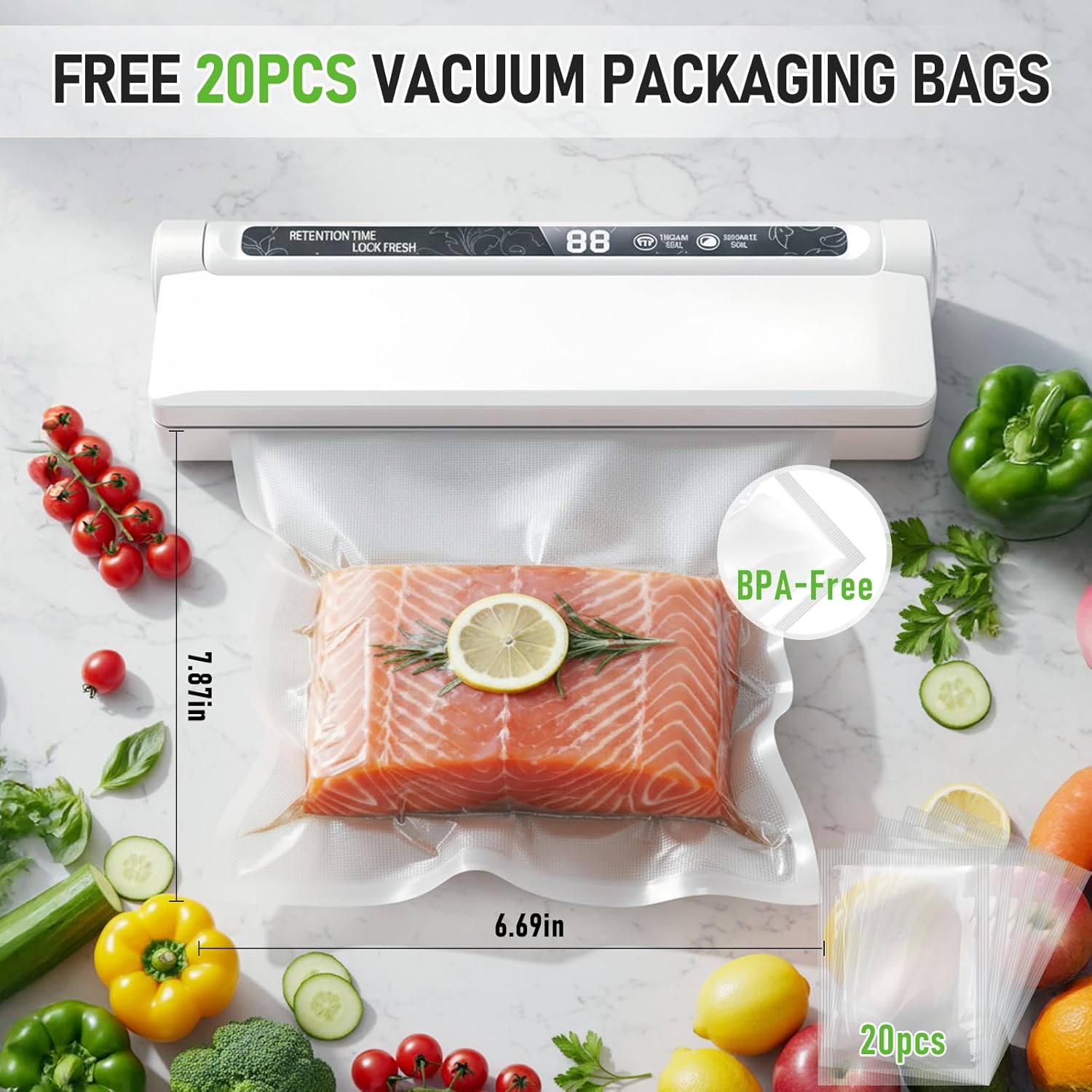 Food Vacuum Sealer Machine, Powerful Pro Vacuum Food Sealer for Food, Dry/Wet Modes, 60KPA Strong Suction, with 20 Vacuum Seal Bags for Food, One-Touch Automatic, Digital Countdown Timer