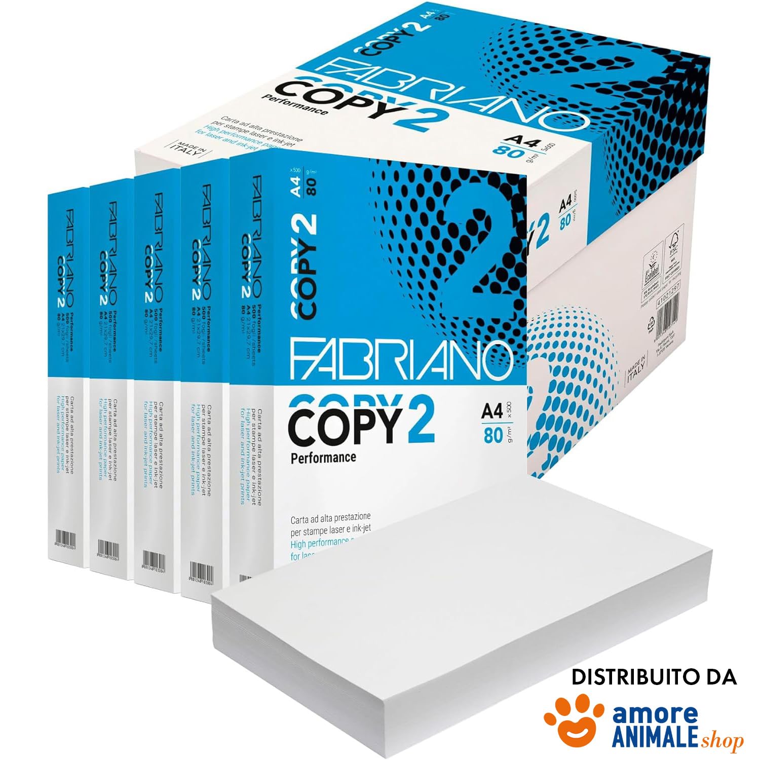 Fabriano Copy 2 Amore Animale A4 Druckerpapier – 5 Ries à 500 Blatt – 2500 Blatt insgesamt, 80 g Papier für Büro, Fotokopie, Mehrzweck, 5 Riesen