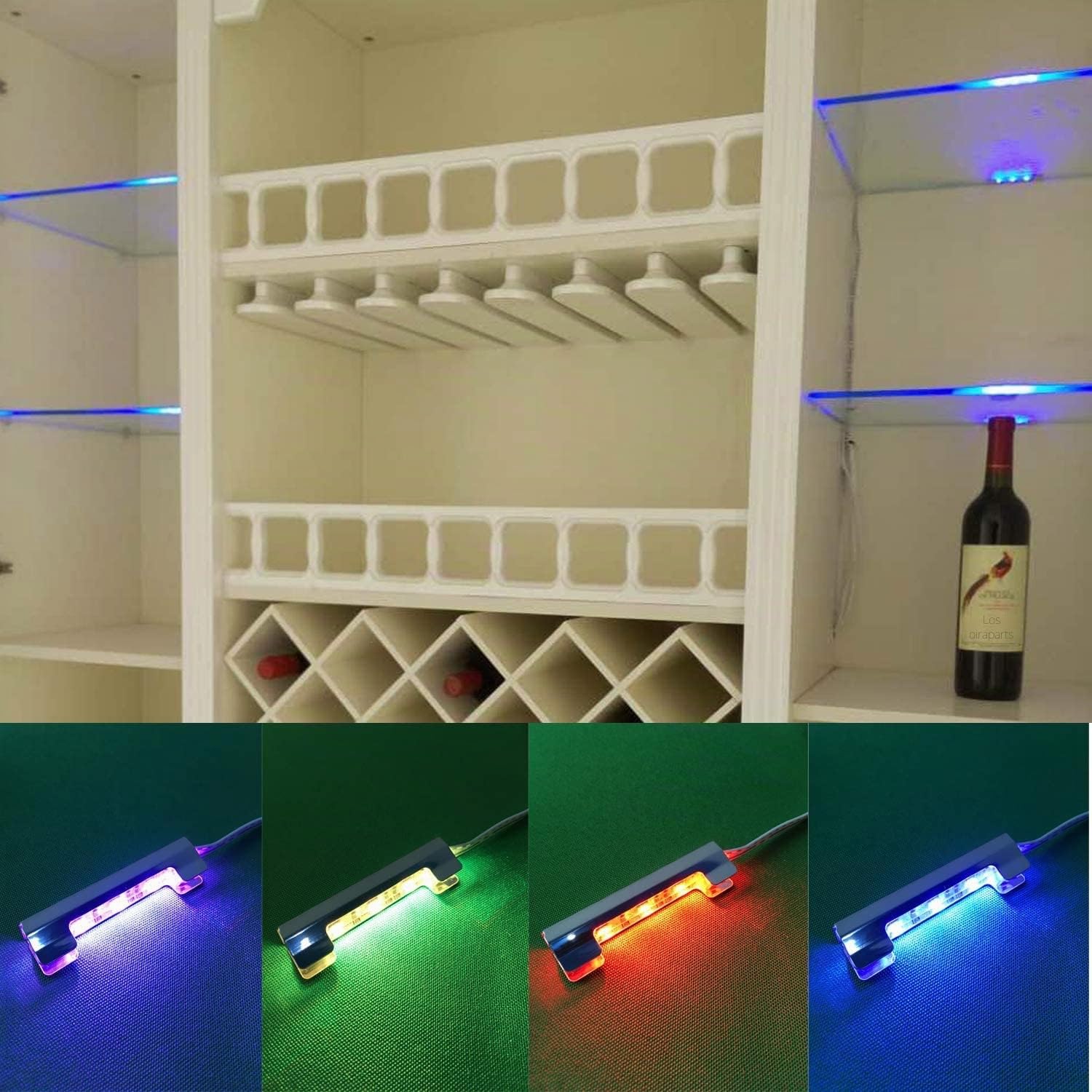 AIBOO Iluminación LED para suelo de cristal, juego de 12 unidades, clips, iluminación de cantos de cristal, cambio de color RGB, iluminación LED para armario, vitrina con mando a distancia