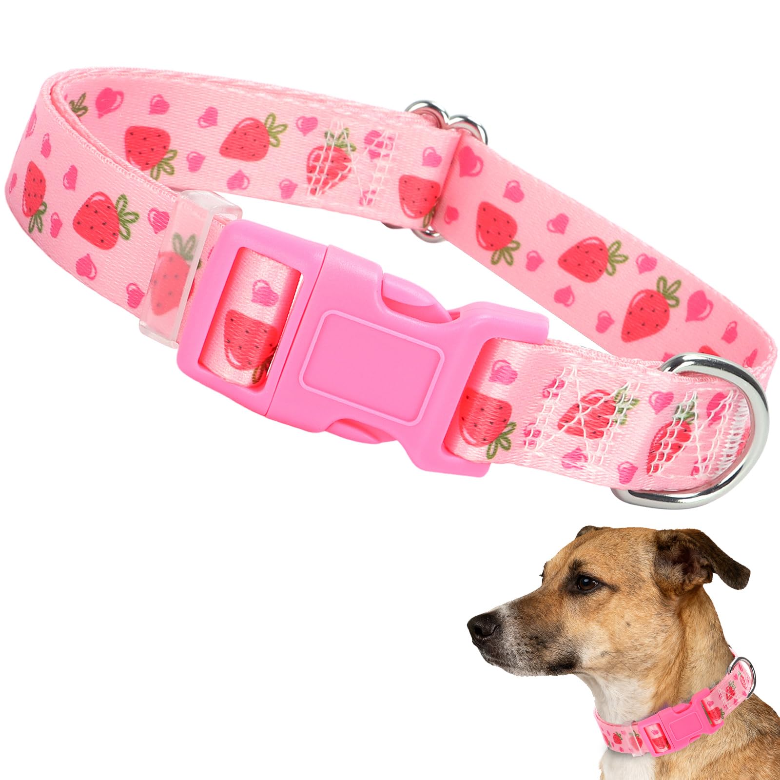 Pink Strawberry Dog Collar for Medium Dogs,Soft Nylon Adjustable Dog Collars for Small Medium Large XL Girl or boy Dogs(Strawberry M)