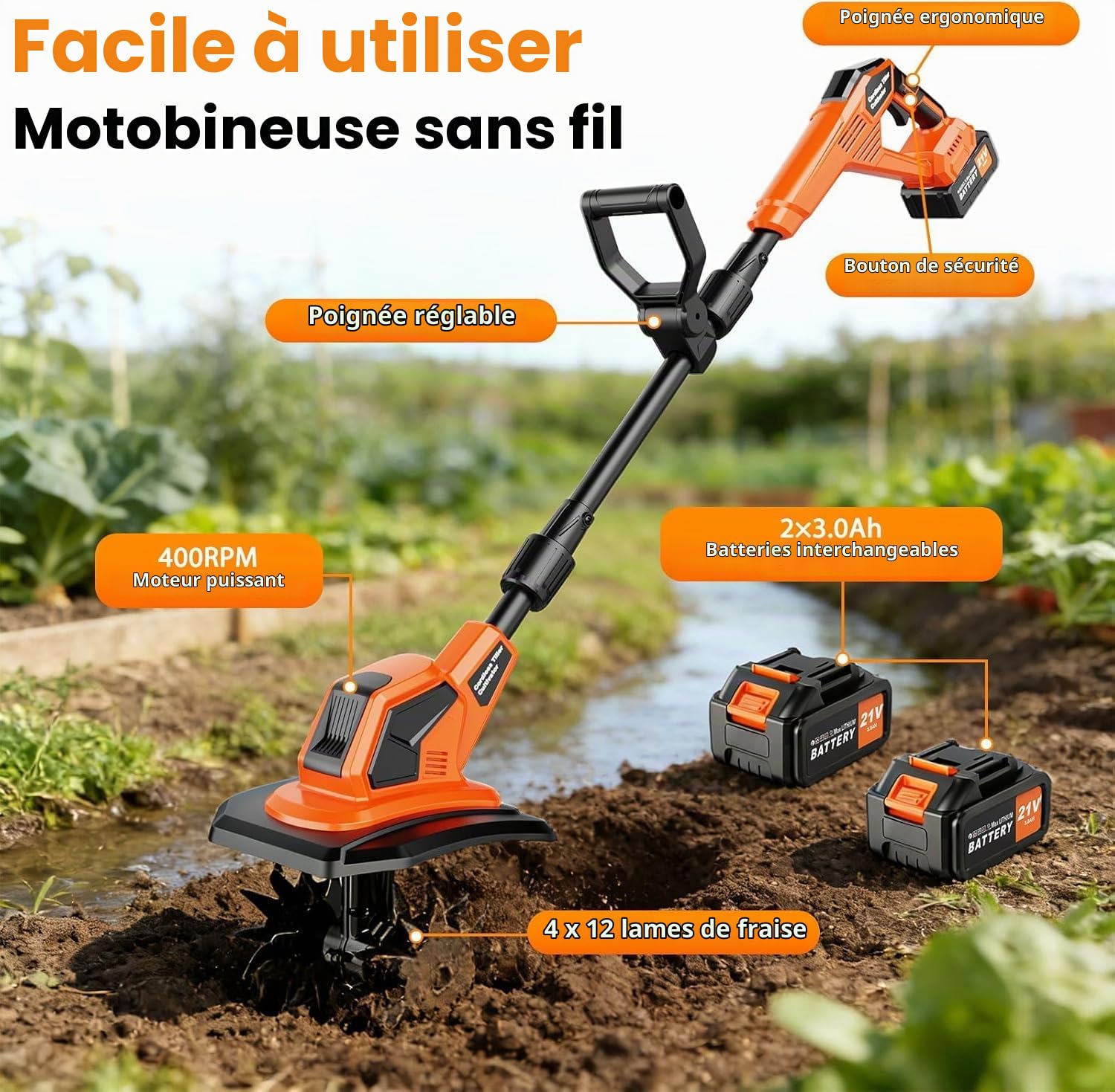 Motobineuse Electrique 21V, 600W Motoculteur électrique sans Balais avec 2 x 3,0 Ah Batteries, 400 TR/Min, Largeur Travail 23 cm, Profondeur 17 cm, Poignée Réglable, pour Pelouse Jardin Travaux du Sol