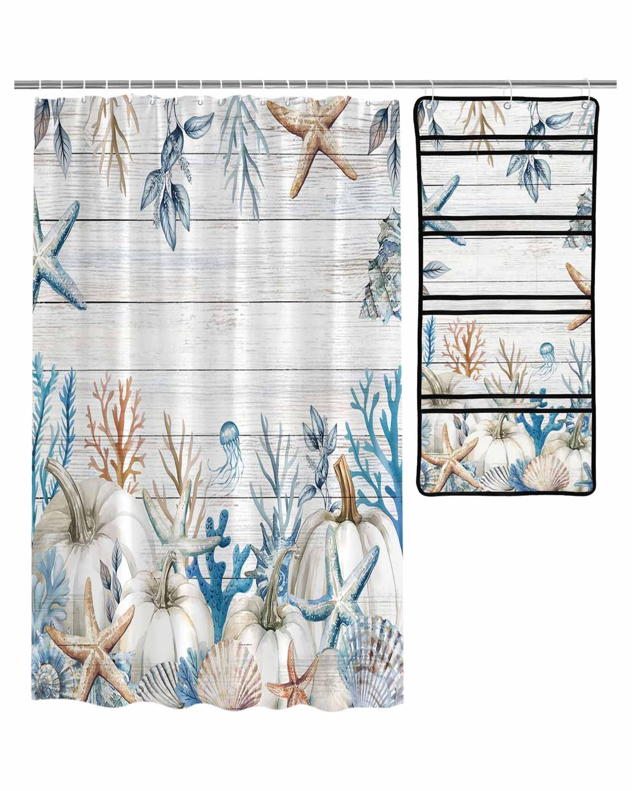 Decorative Shower Curtain Sets Thanksgiving Day Polyester Fabric Waterproof Bath Shower Curtains Fall Pumpkin Wood Grain White Mesh
