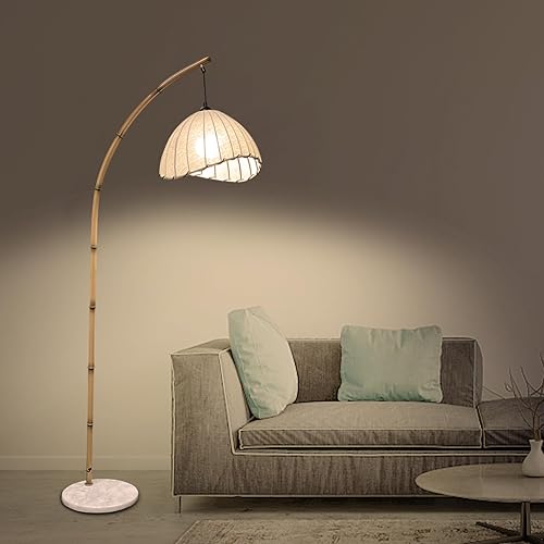 Miniatura 6 de Lámpara de pie retro de bambú para sala de estar, lámparas de lectura altas, lámpara vertical colgante bohemia moderna estilo ratán antiguo para